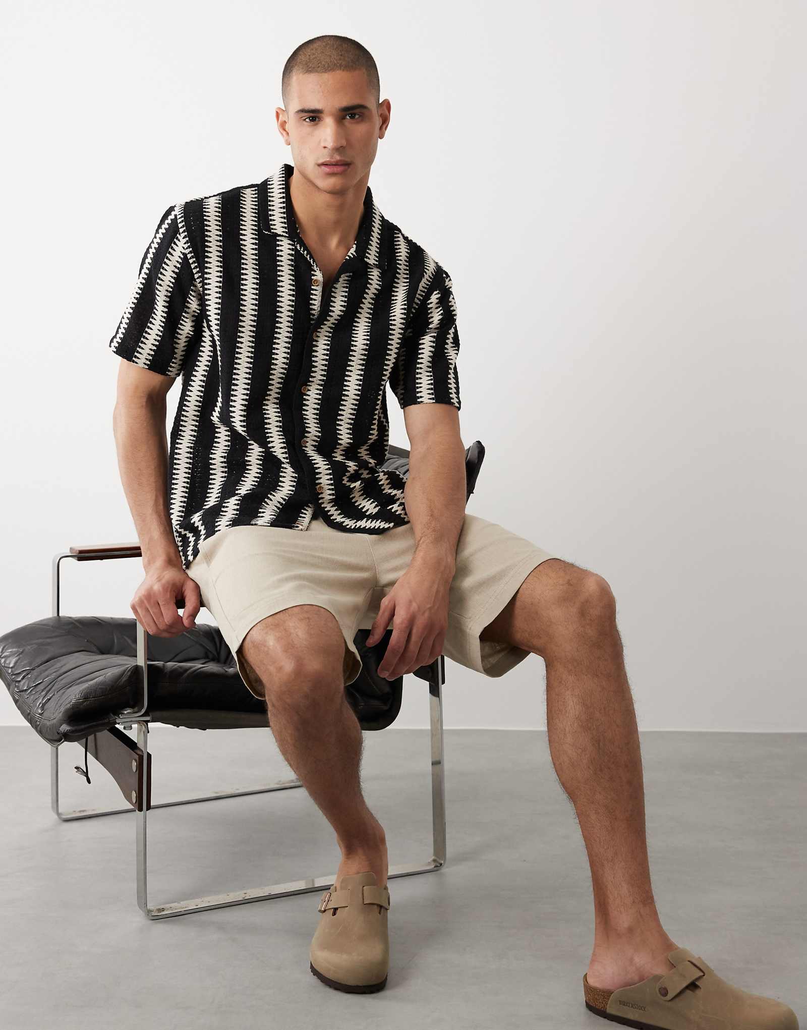 Threadbare cotton mix textured short sleeve shirt in black and ecru stripe black 6590₽