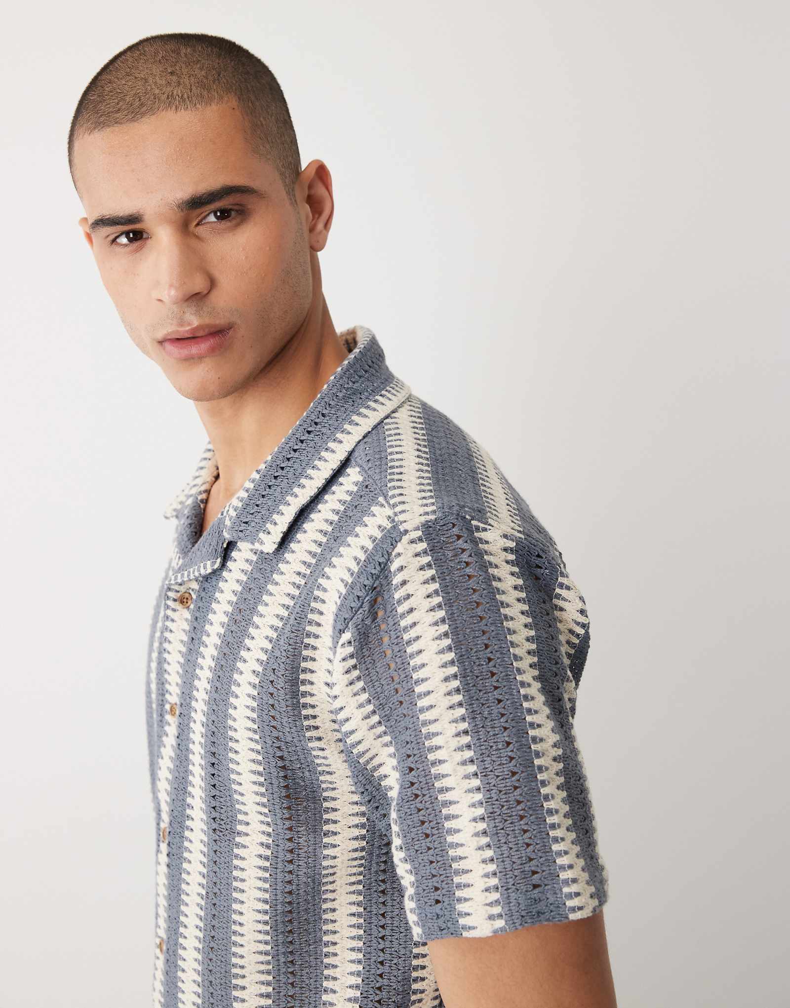 Threadbare cotton mix textured short sleeve shirt in blue and ecru stripes blue 6590₽