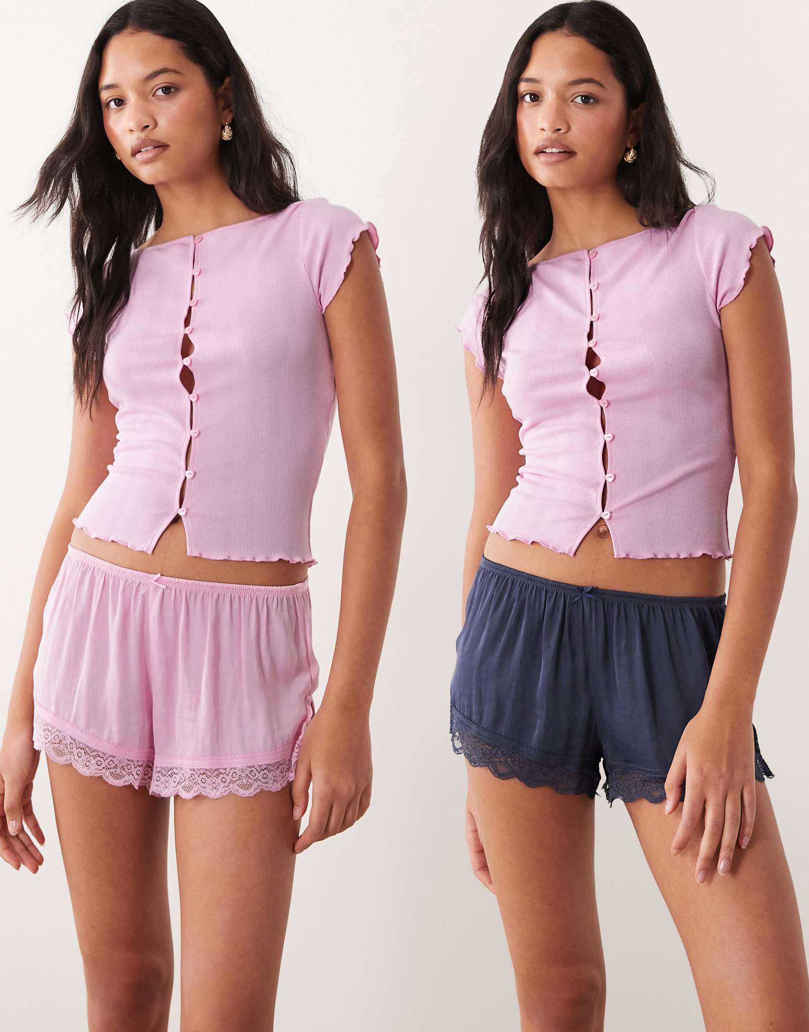 Cotton On washed satin and lace sleep shorts 2 pack in pink and blue multi