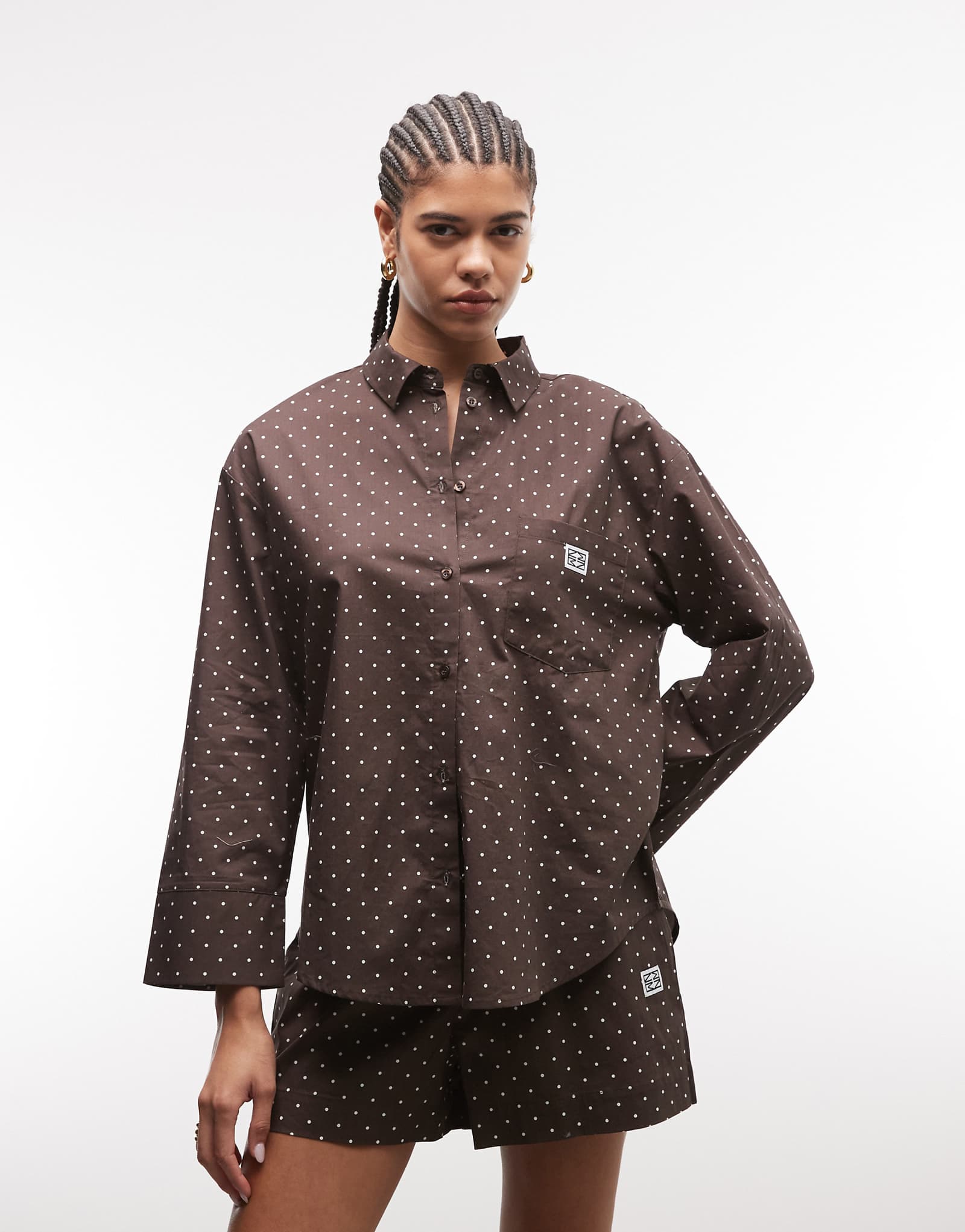 Noisy May oversized shirt in chocolate polka - part of a set choc brwn wht dots 12590₽