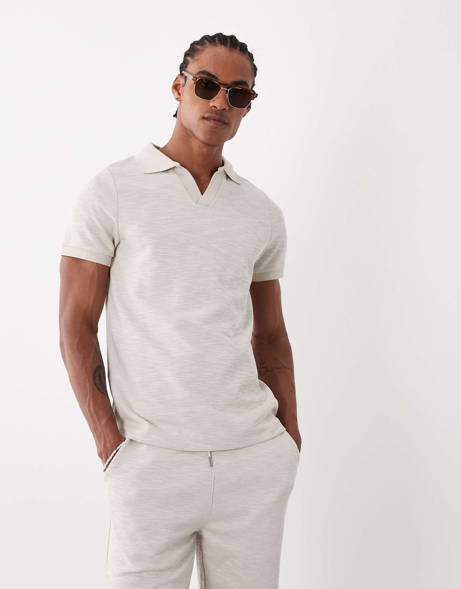 CAPO slubby jersey polo shirt in stone gray - part of a set gray