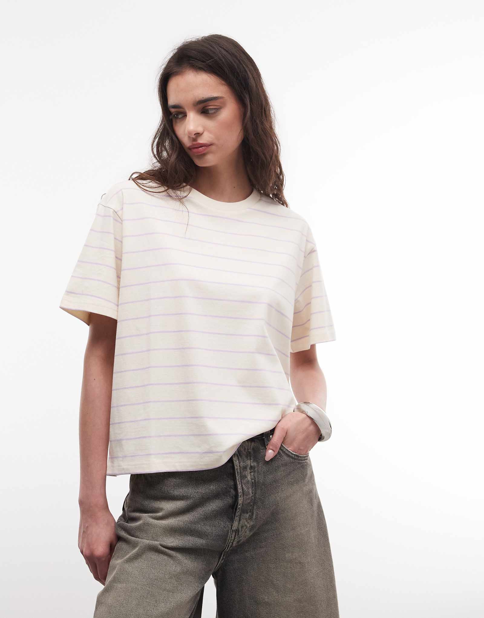 Monki oversized boxy T-shirt in cream and lilac stripe cream - lilac 4990₽