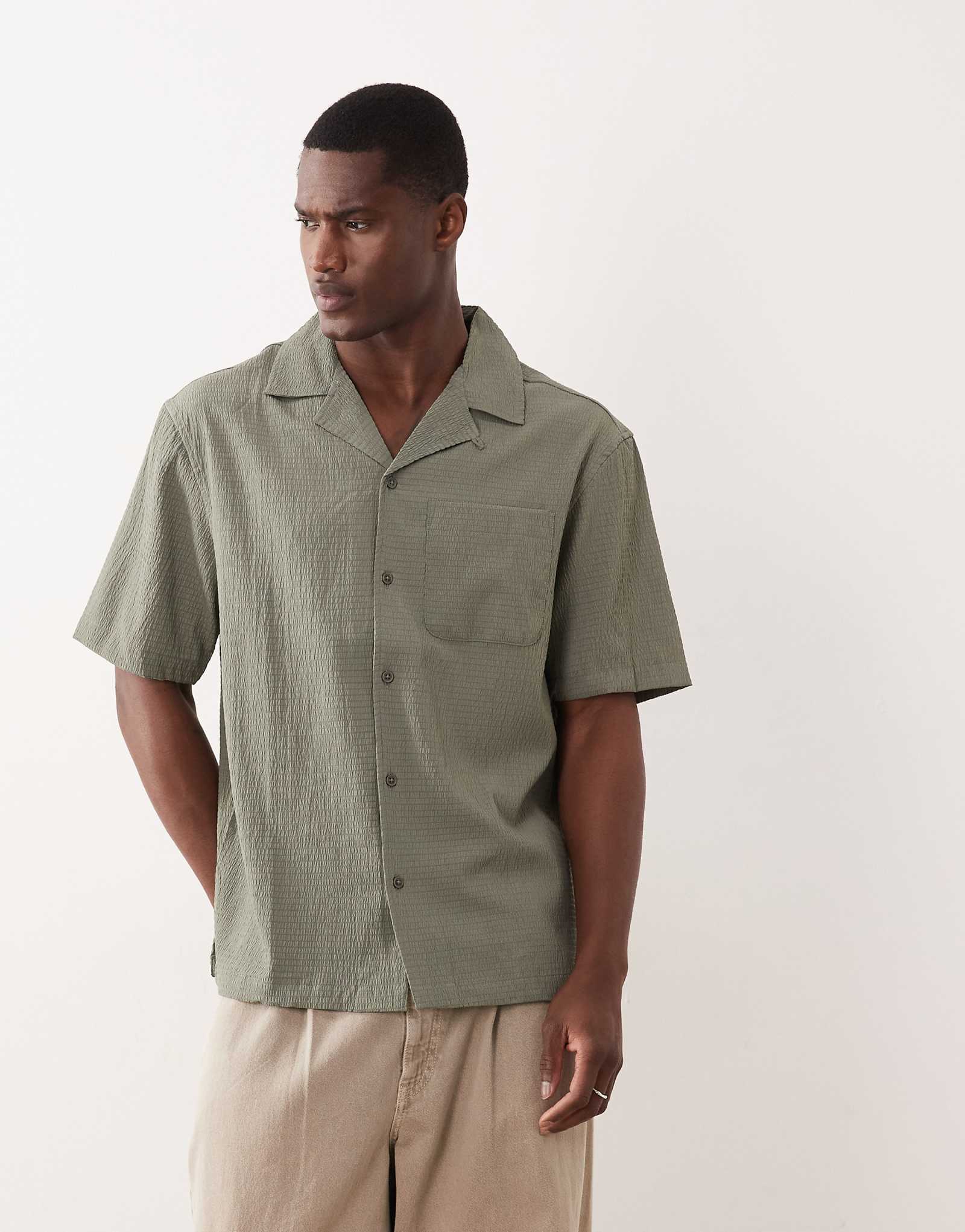 River Island regular fit seersucker shirt in green green 11590₽