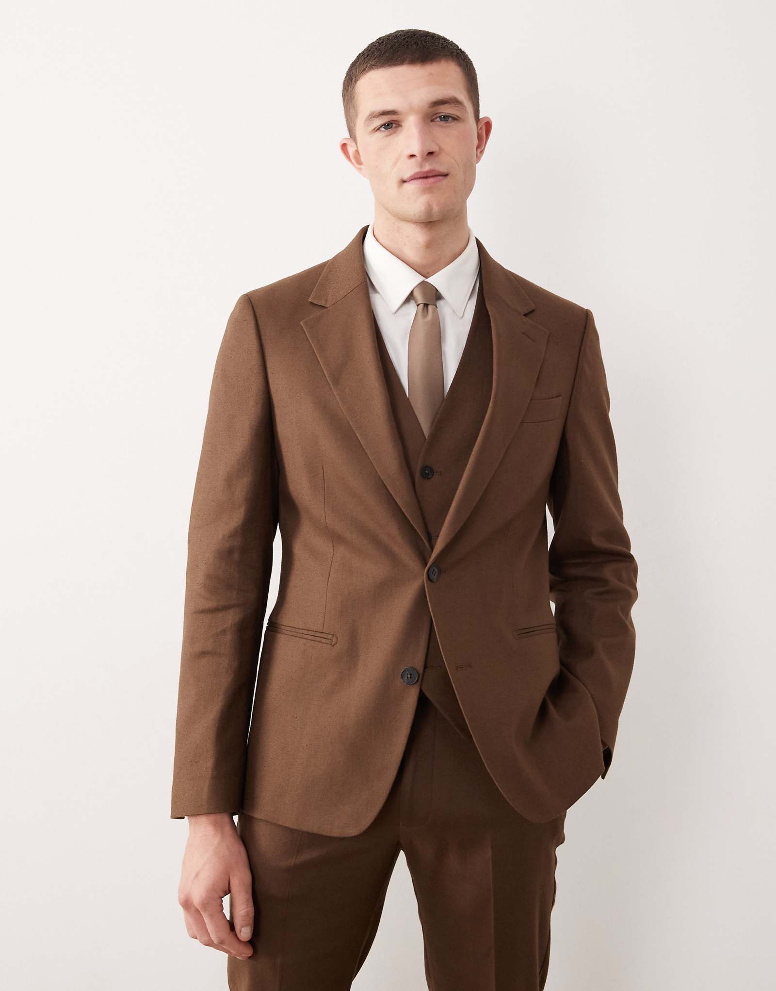 ASOS DESIGN linen rich skinny suit jacket in brown chocolate 28890₽