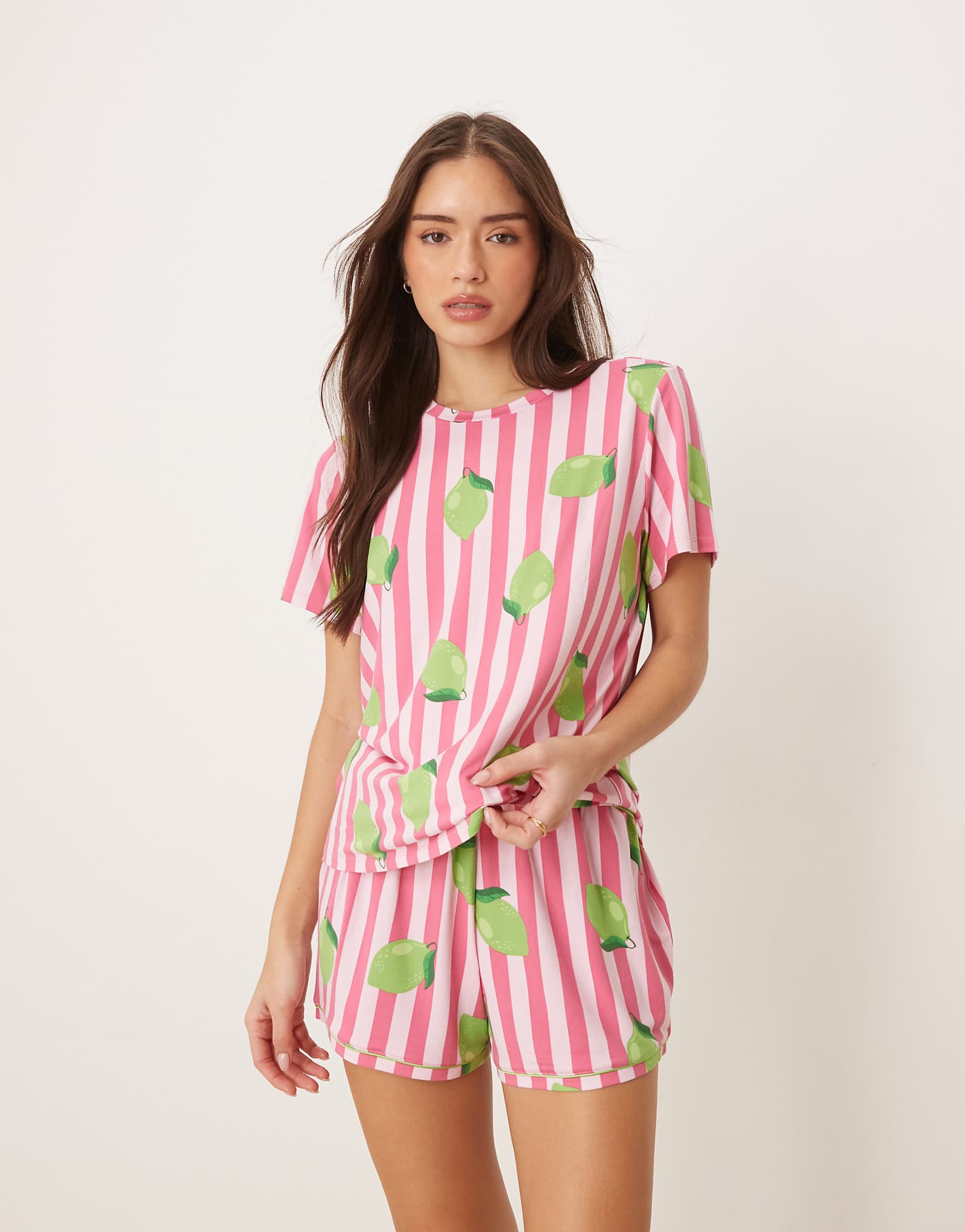 Urban Threads jersey T-shirt and shorts pajama set in pink stripe lime print pink 6390₽