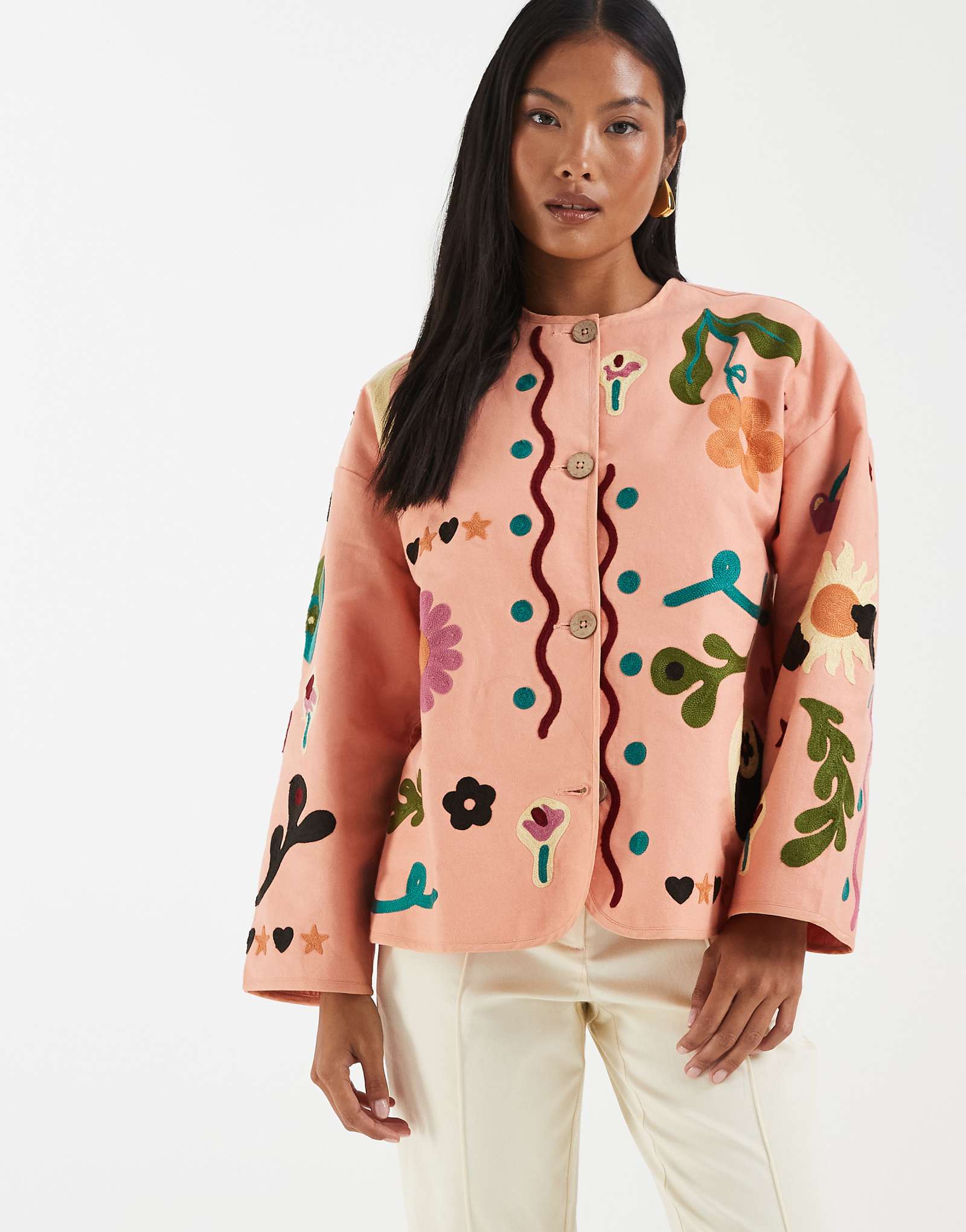 ASOS DESIGN Petite embroidered collarless jacket in peach peach 28890₽