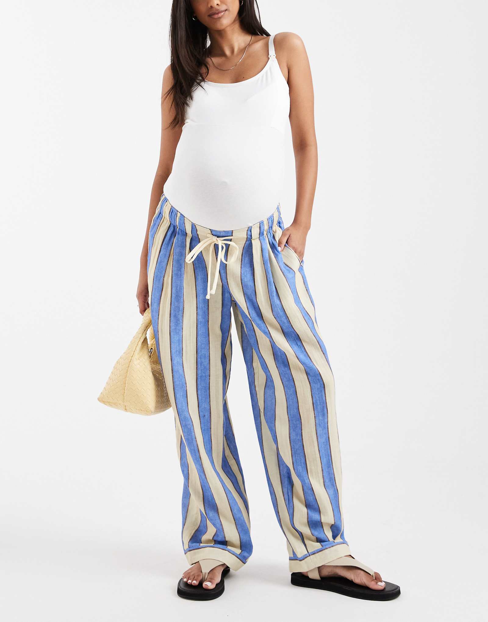 ASOS DESIGN Maternity Delilah under the bump beach cheesecloth pants in blue stripe blue stripe 9690₽