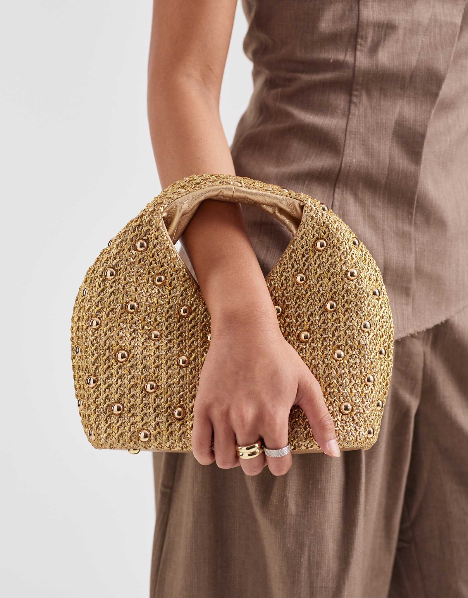Dolce Vita Dahlia raffia clutch purse with studs in gold gold 22890₽