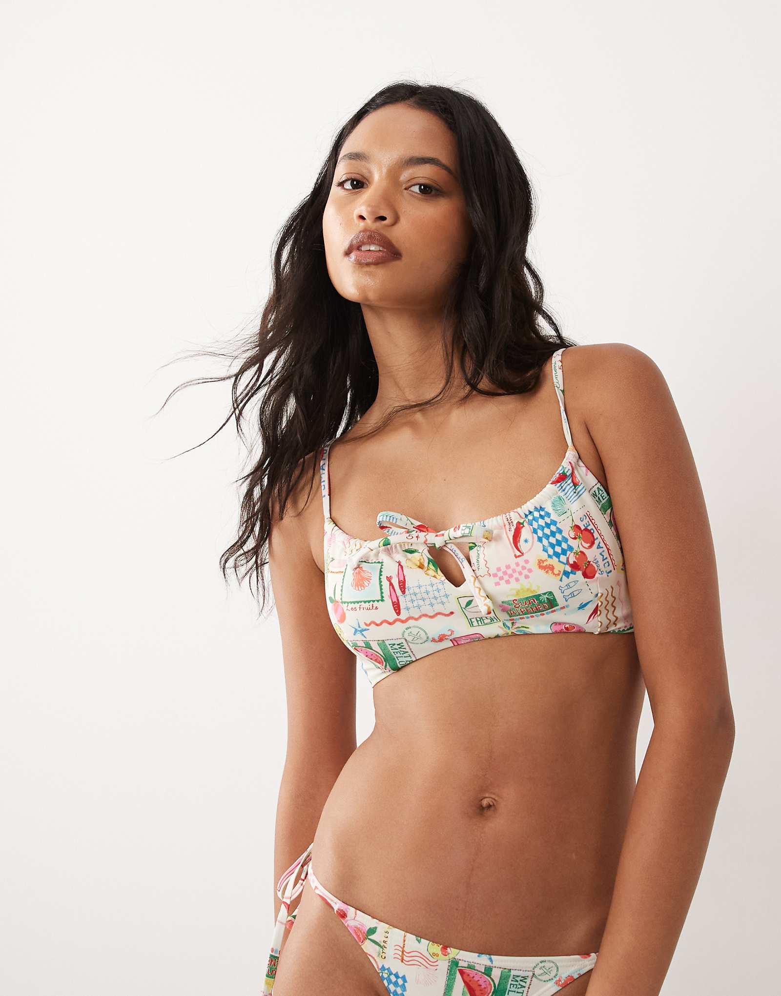 Accessorize postcard print ruched bikini top in multi multi 9090₽