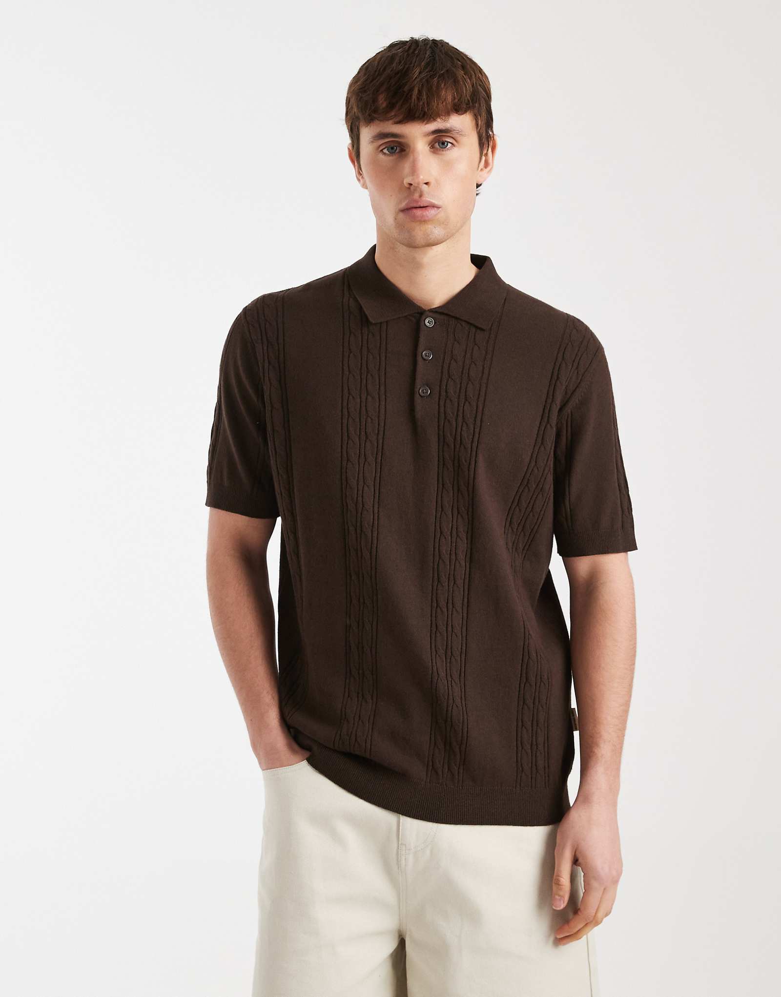 Redefined Rebel Griffin knit polo top in coffee brown