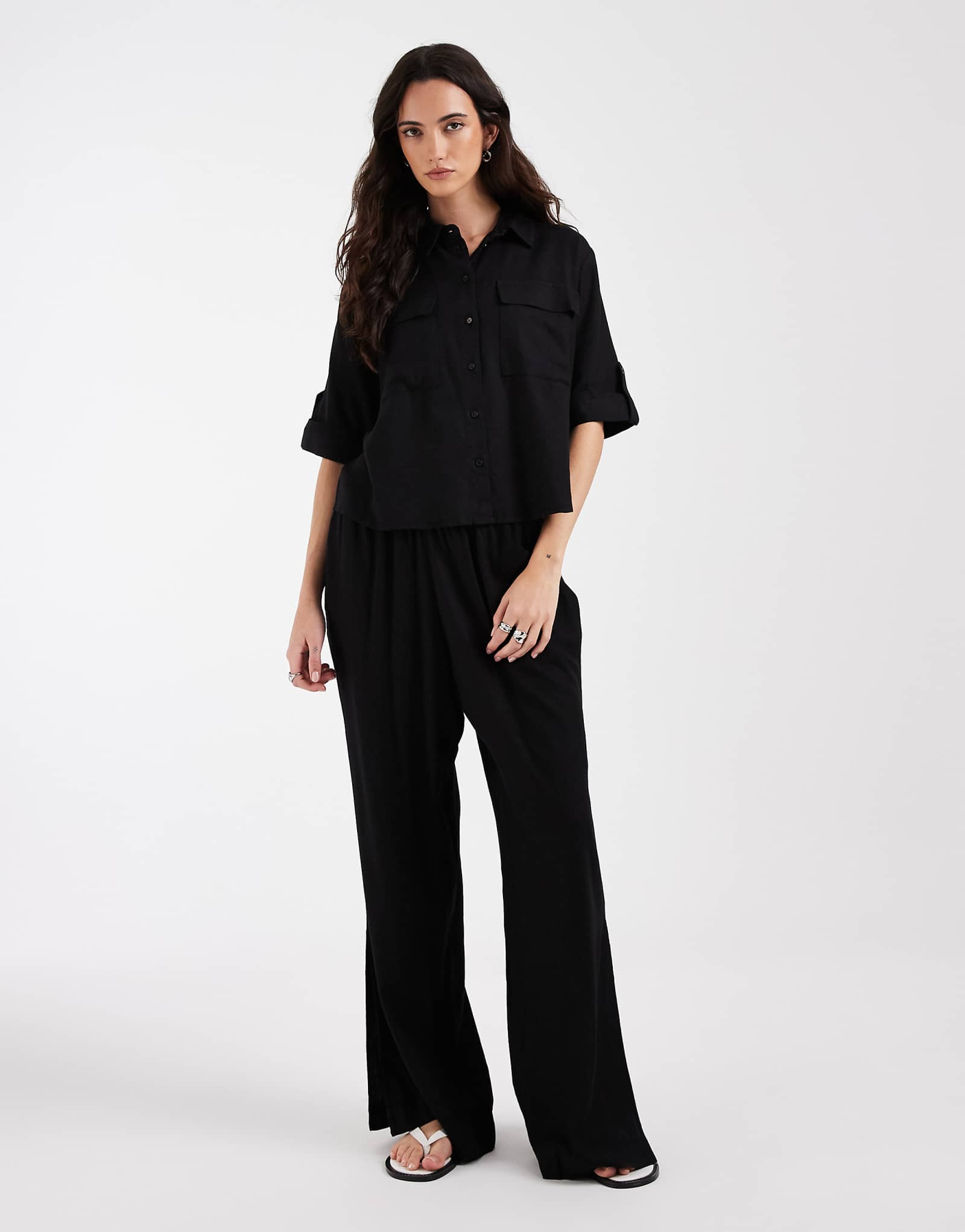 AWARE linen blend high waist wide leg pants in black - part of a set black 15090₽
