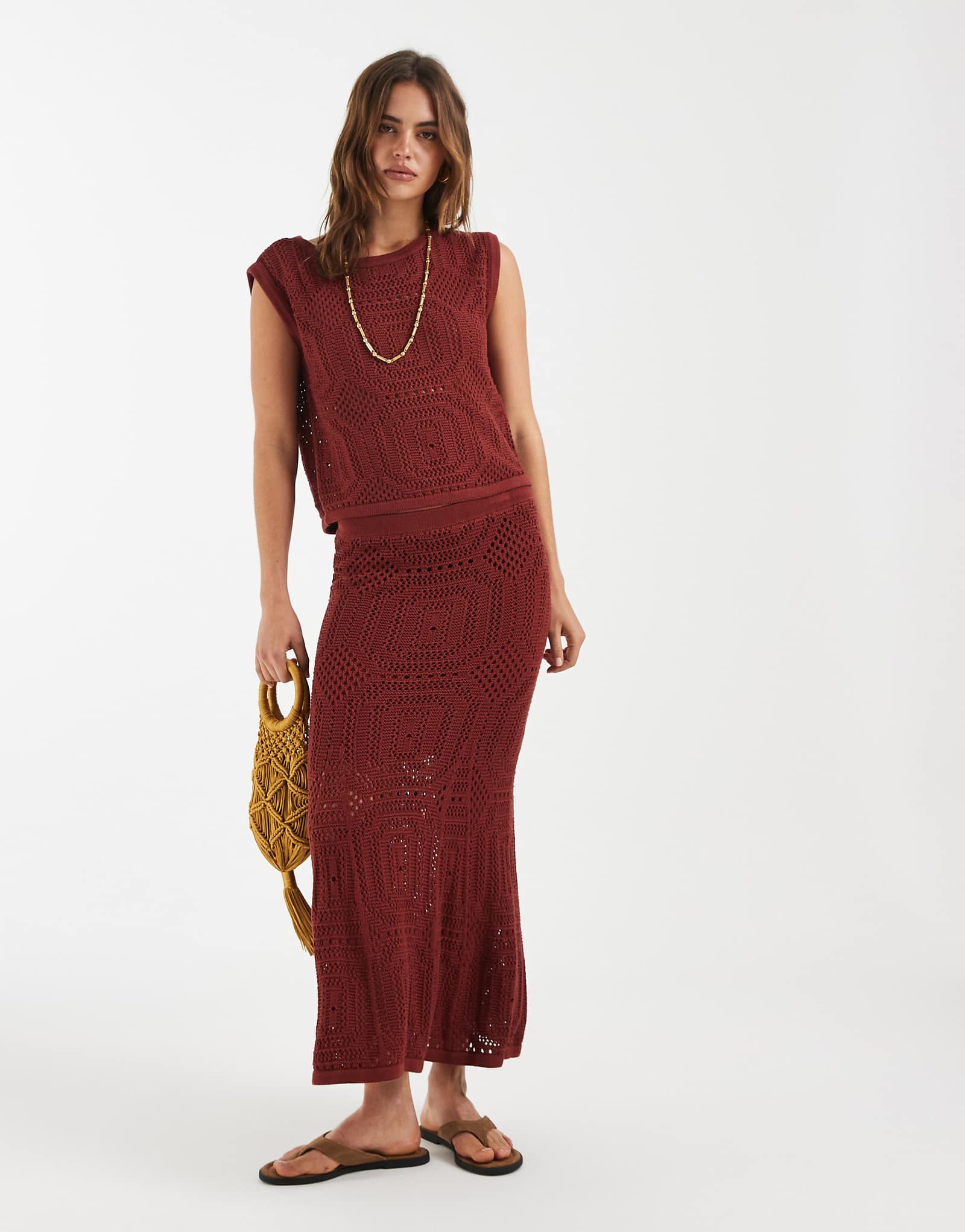 AWARE mid rise patterned crochet midi skirt in terracotta - part of a set russet brown