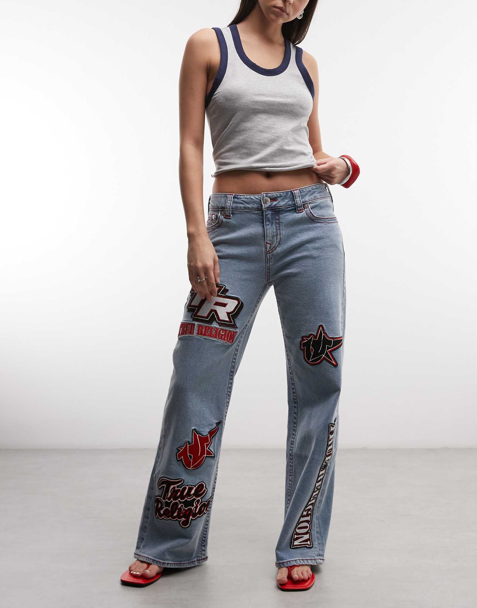 True Religion Bobbi baggy moto applique jeans in light wash blue light wash blue 43390₽