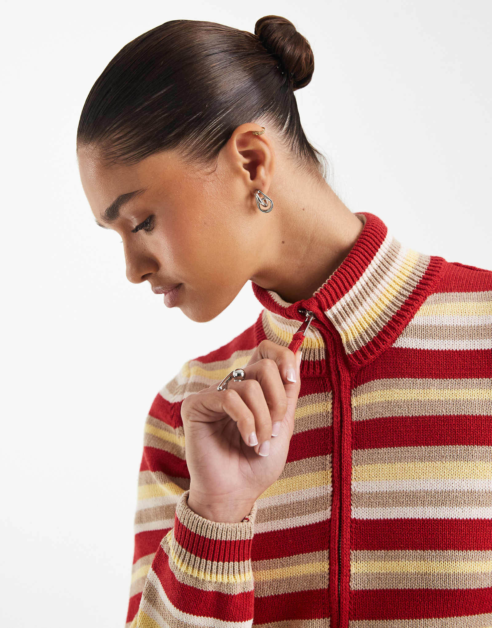 ASOS DESIGN knit funnel neck zip up jacket in stripe - part of a set red stripe 10690₽