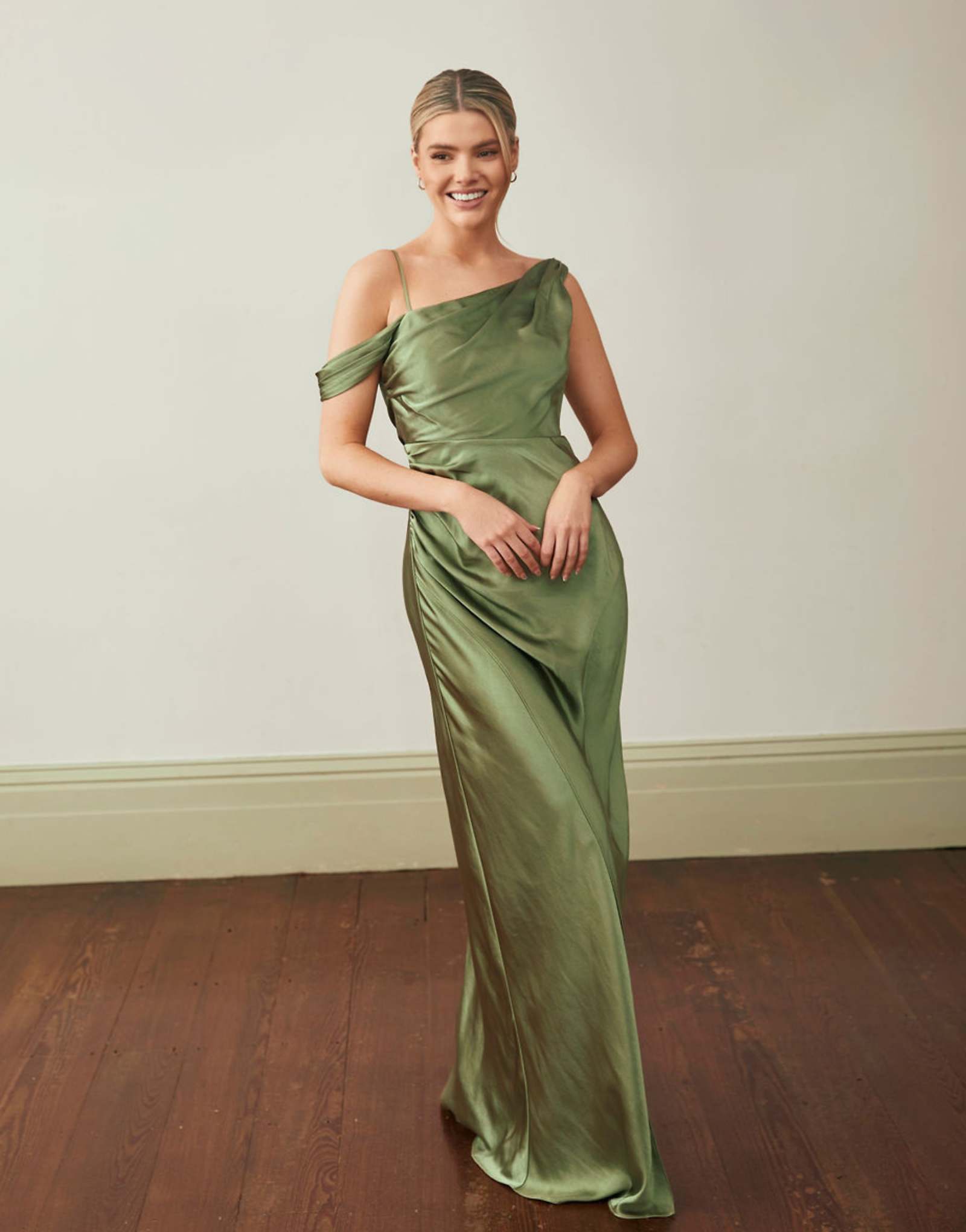 Six Stories Bridesmaid satin asymmetric cowl neck maxi dress in moss green moss green 43790₽