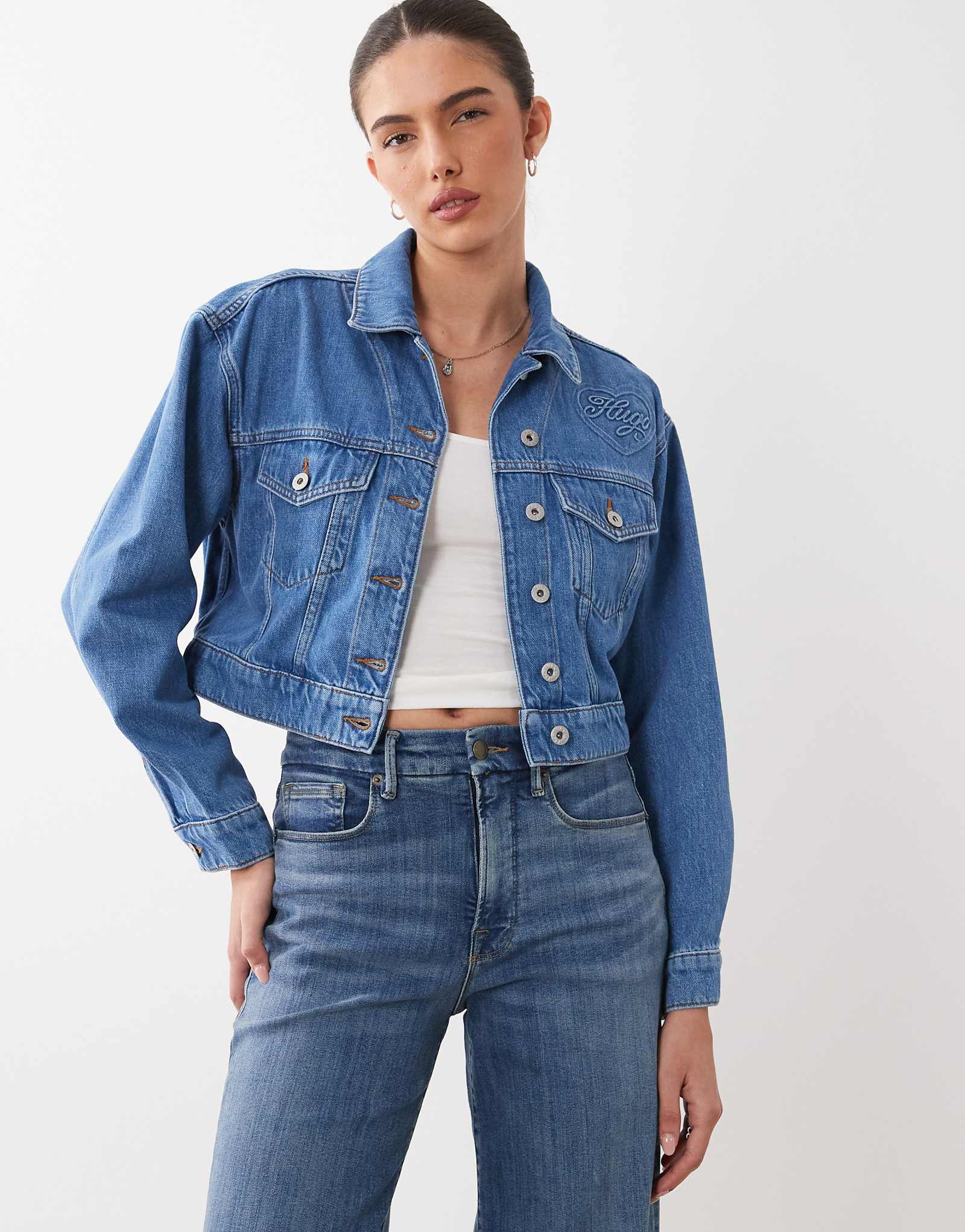 HUGO Blue Galatea cropped denim jacket in mid blue turquoise/aqua