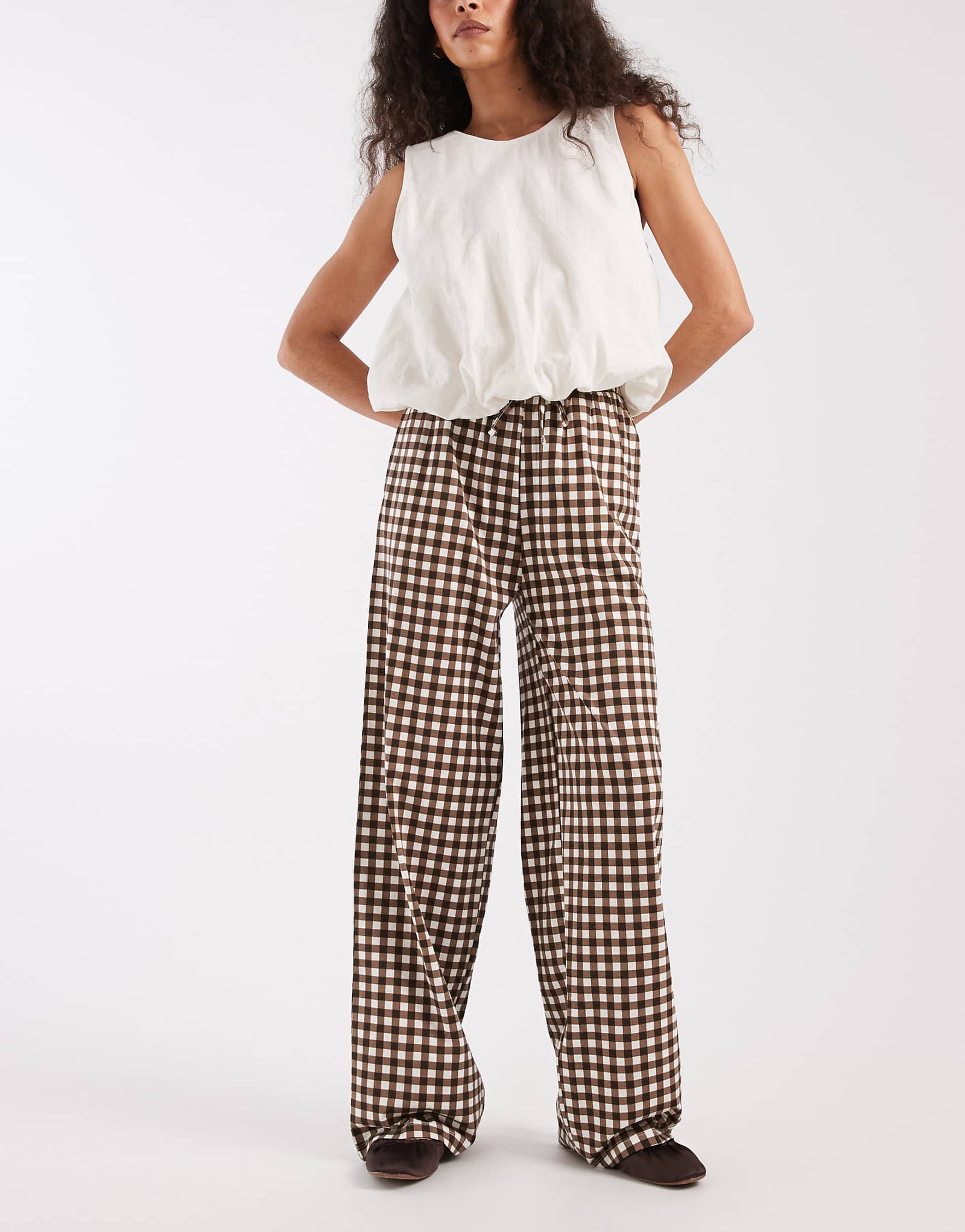 Threadbare jersey pull on pants with drawstring in chocolate brown gingham print brown 5990₽