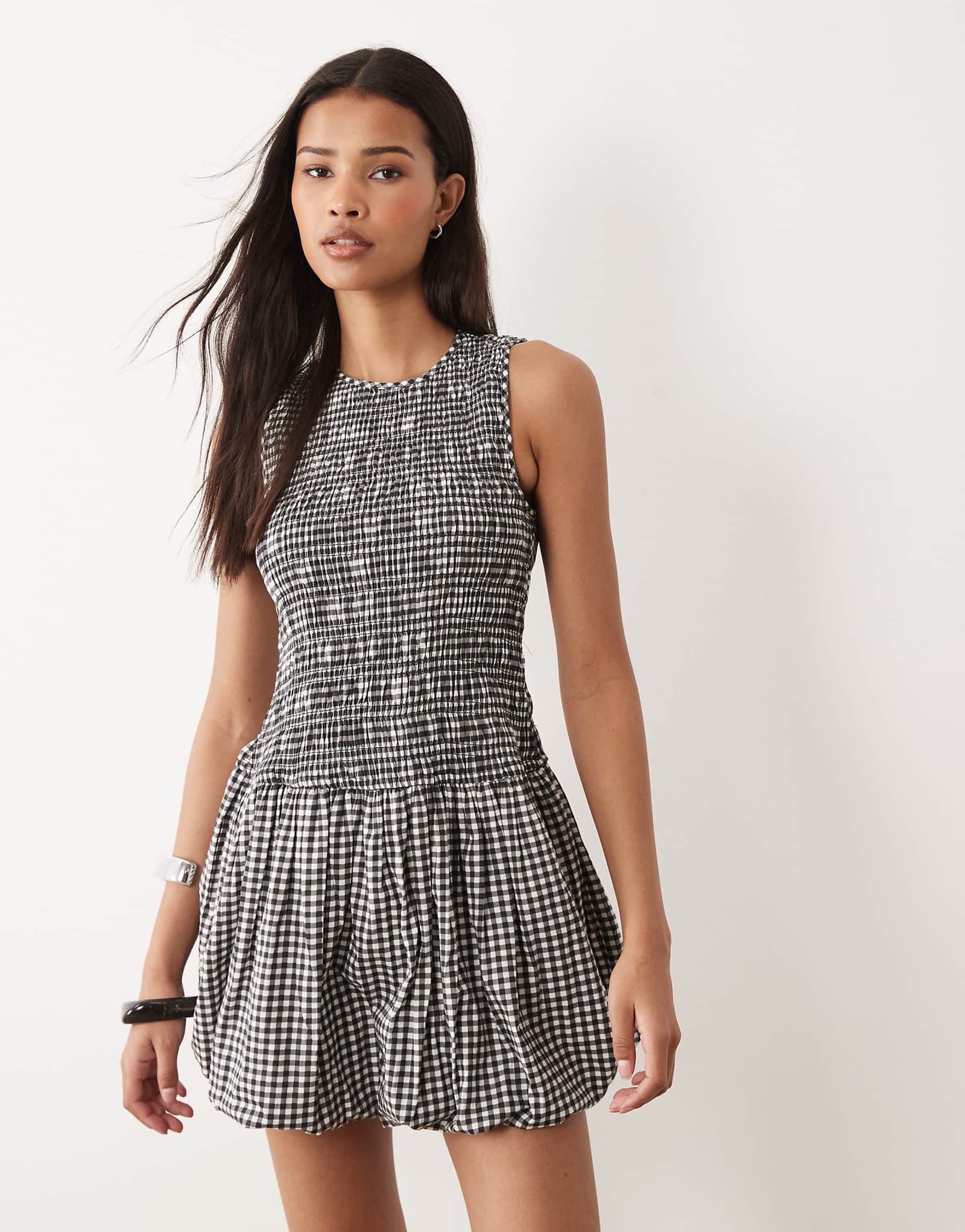 Wednesdays Girl shirred puff ball mini dress in black -amp white gingham blackwhite 7590₽