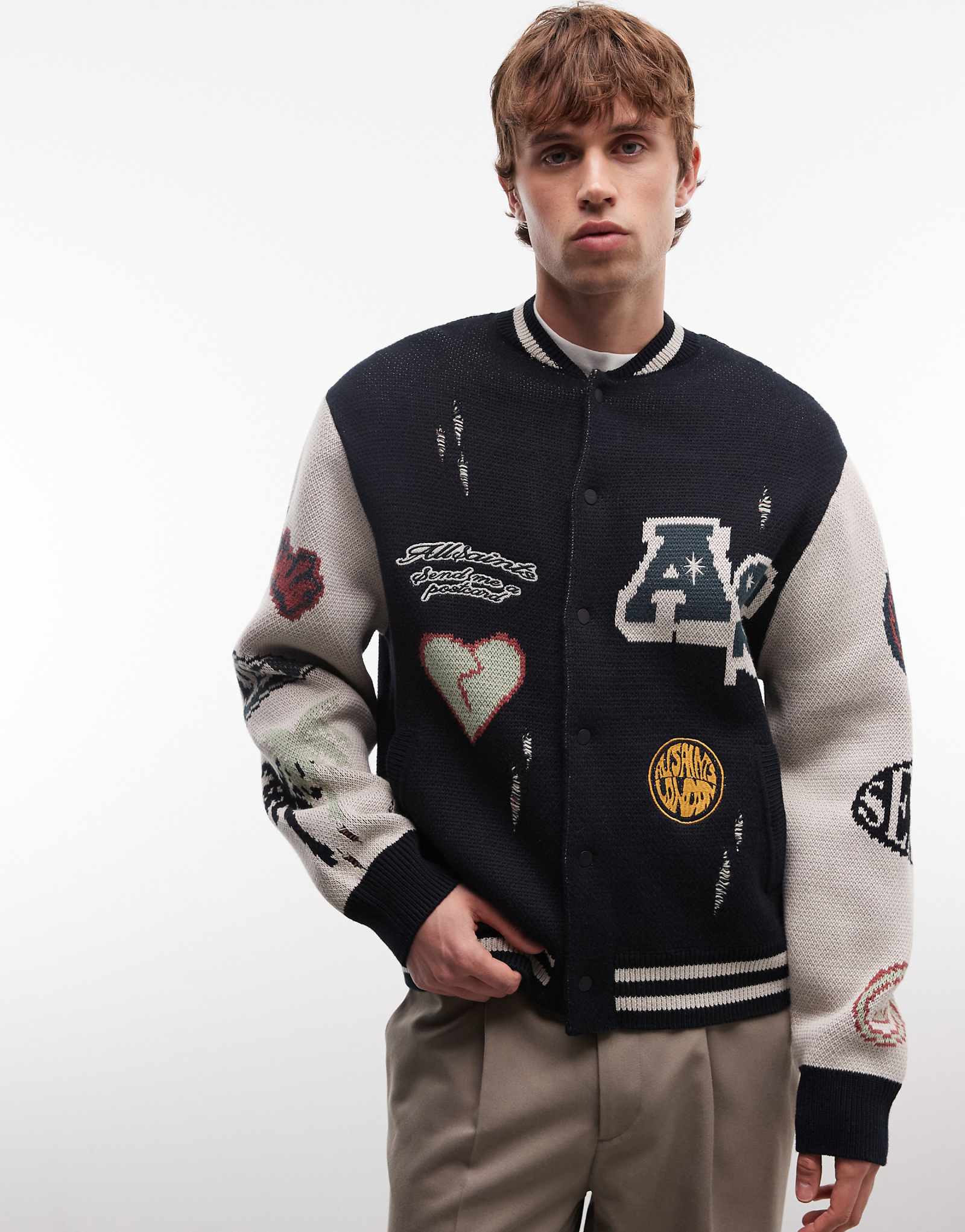 AllSaints Chase patch knit varsity cardigan in black blackecru white 56990₽