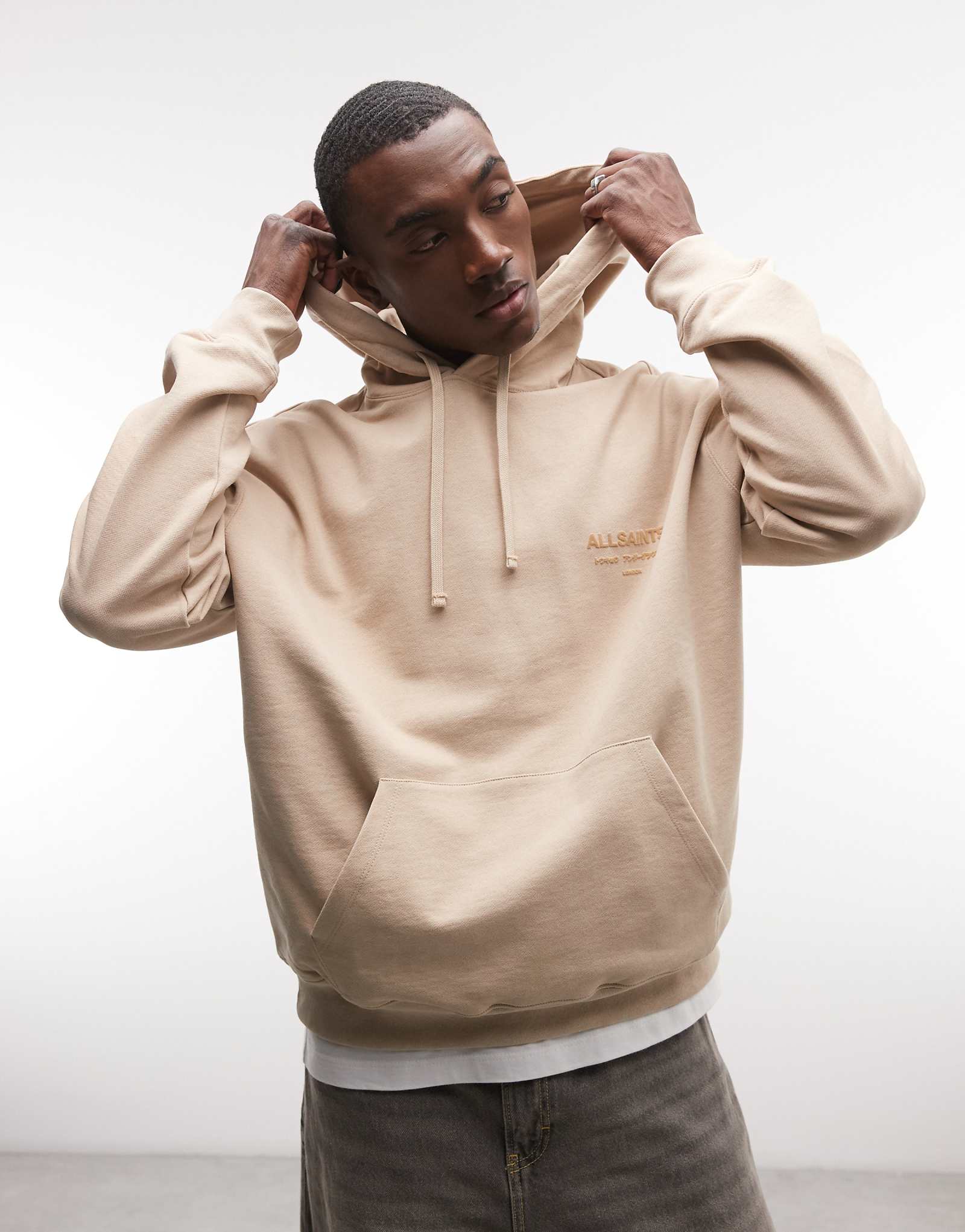 AllSaints Xander Oth graphic logo hoodie in beige sunset brown 44990₽