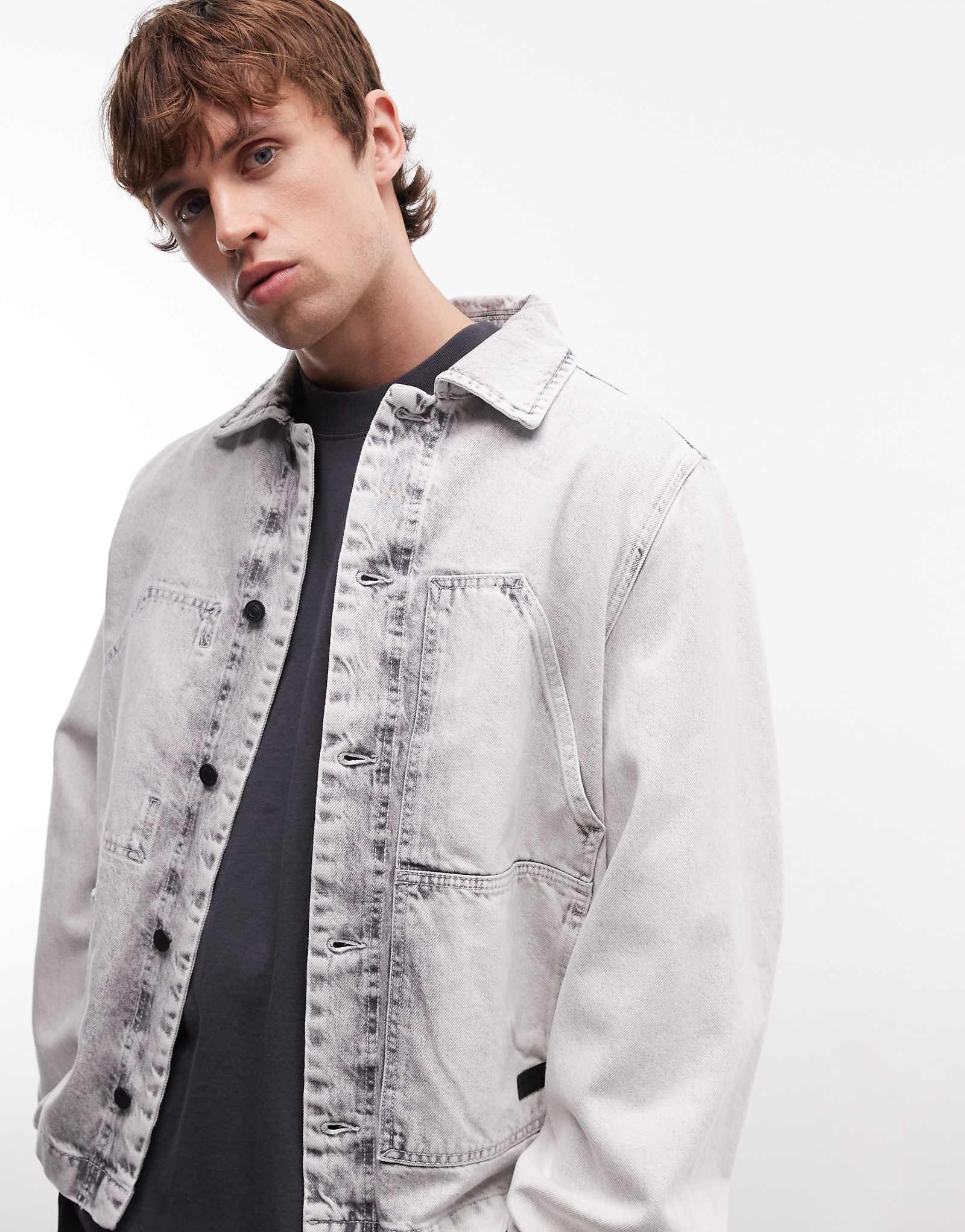 AllSaints Mukesh button up denim shacket in bleach gray bleached grey 44990₽
