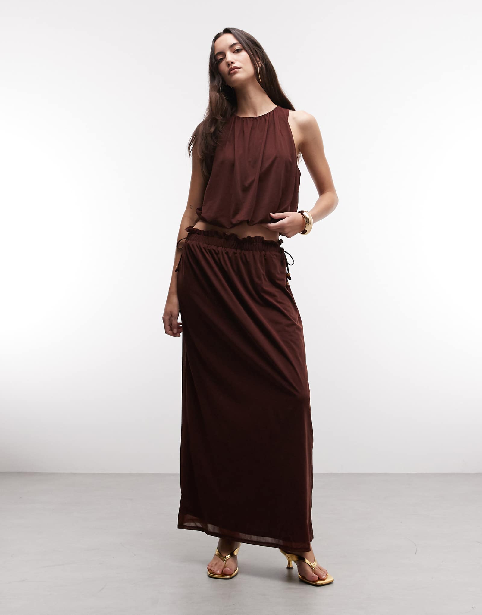 River Island chiffon tie waist maxi skirt in brown brown 10690₽