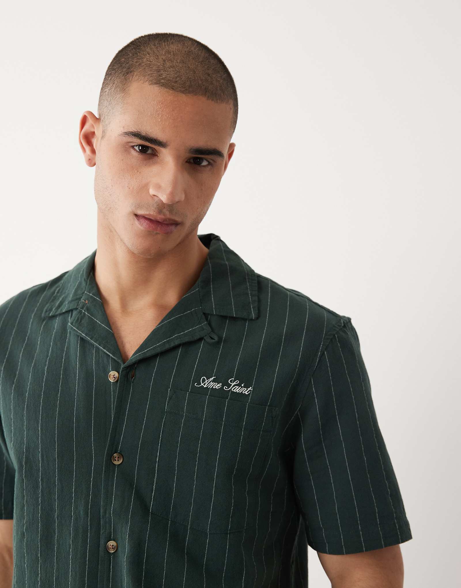 River Island textured striped camp collar shirt in dark green - part of a set green 13190₽