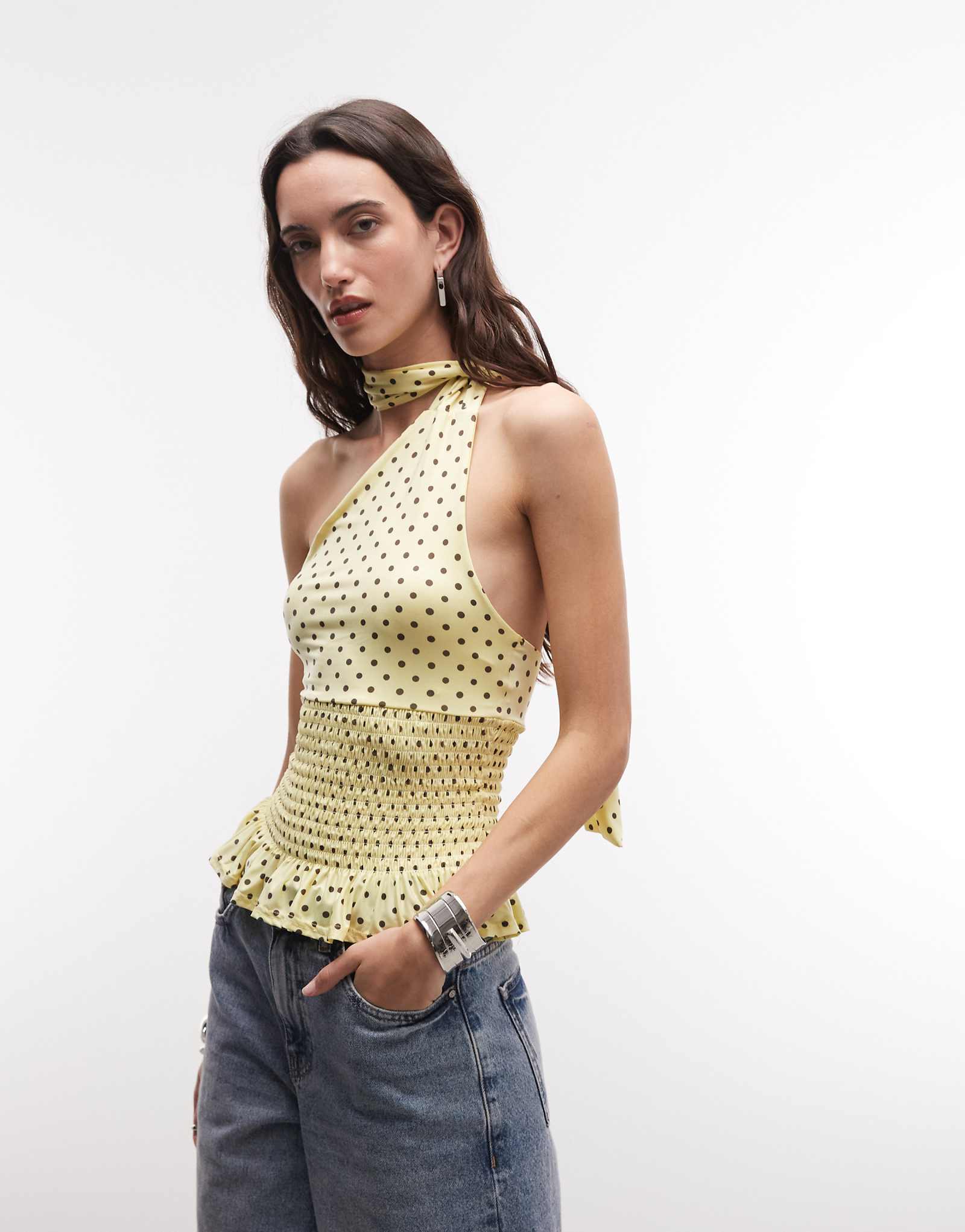 Daisy Street shirred scarf halter top in yellow polka dot yellow polka 8890₽