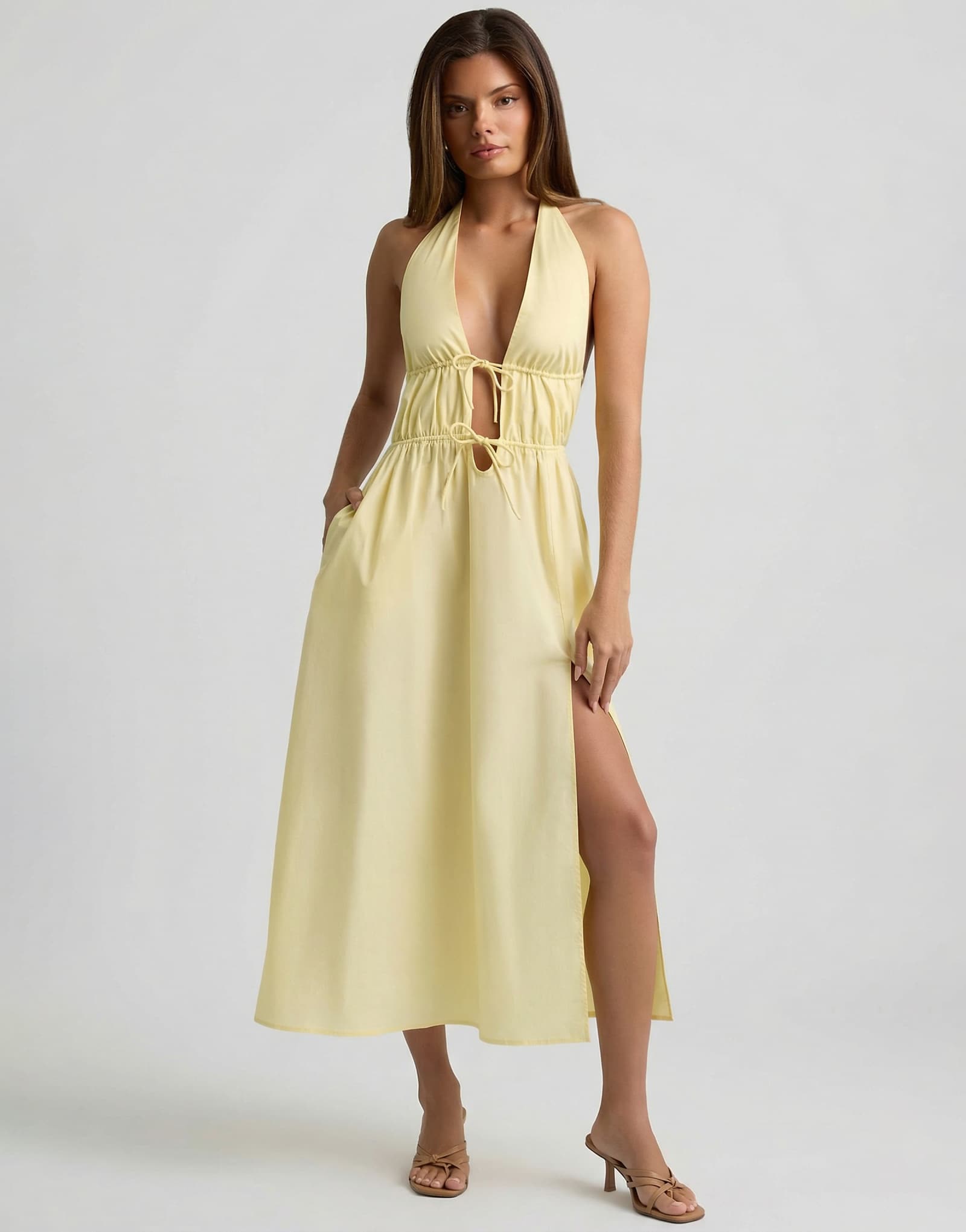 Oh Polly cotton halter neck backless thigh split midi dress in yellow yellow 21890₽