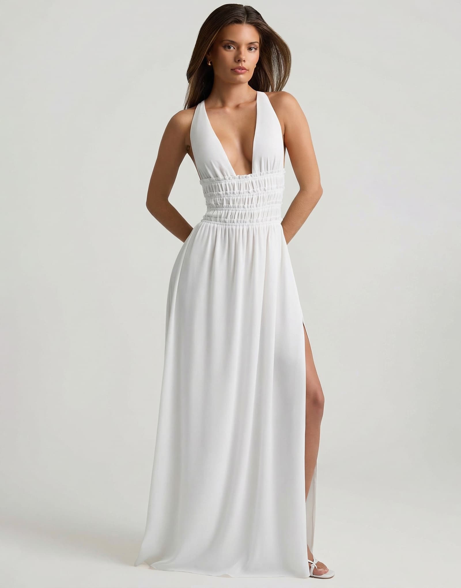 Oh Polly plunge halter neck cross back detail thigh slit maxi dress in white white 21890₽