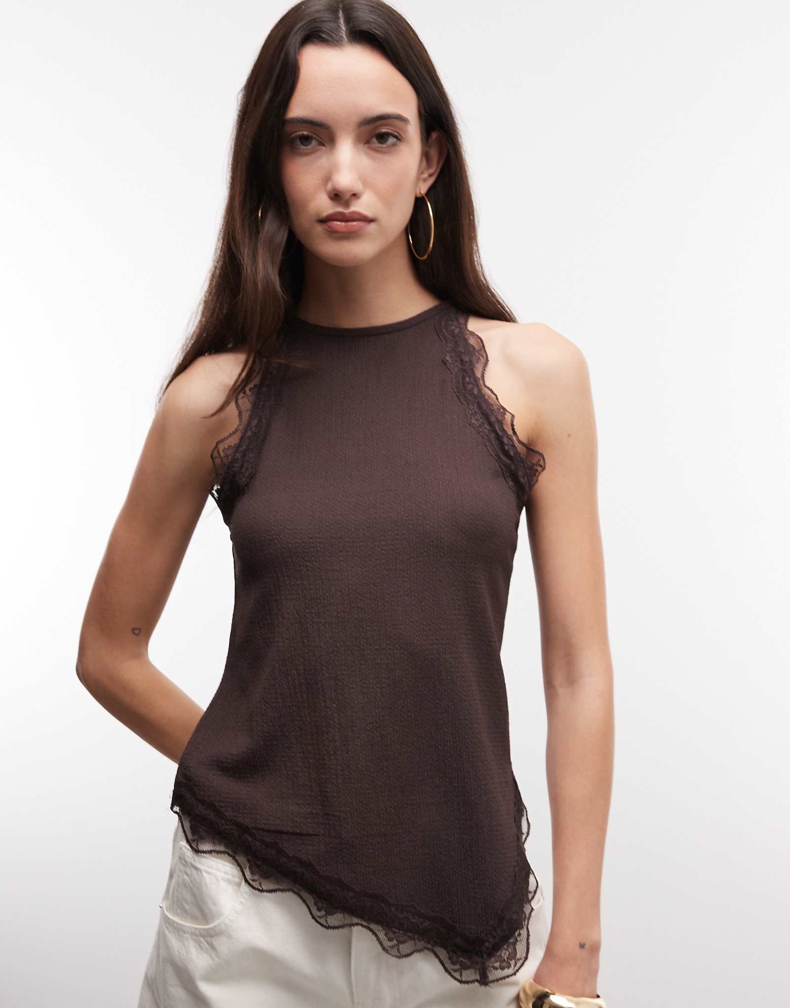 River Island lace trim halterneck textured top in dark brown brown dark 8690₽
