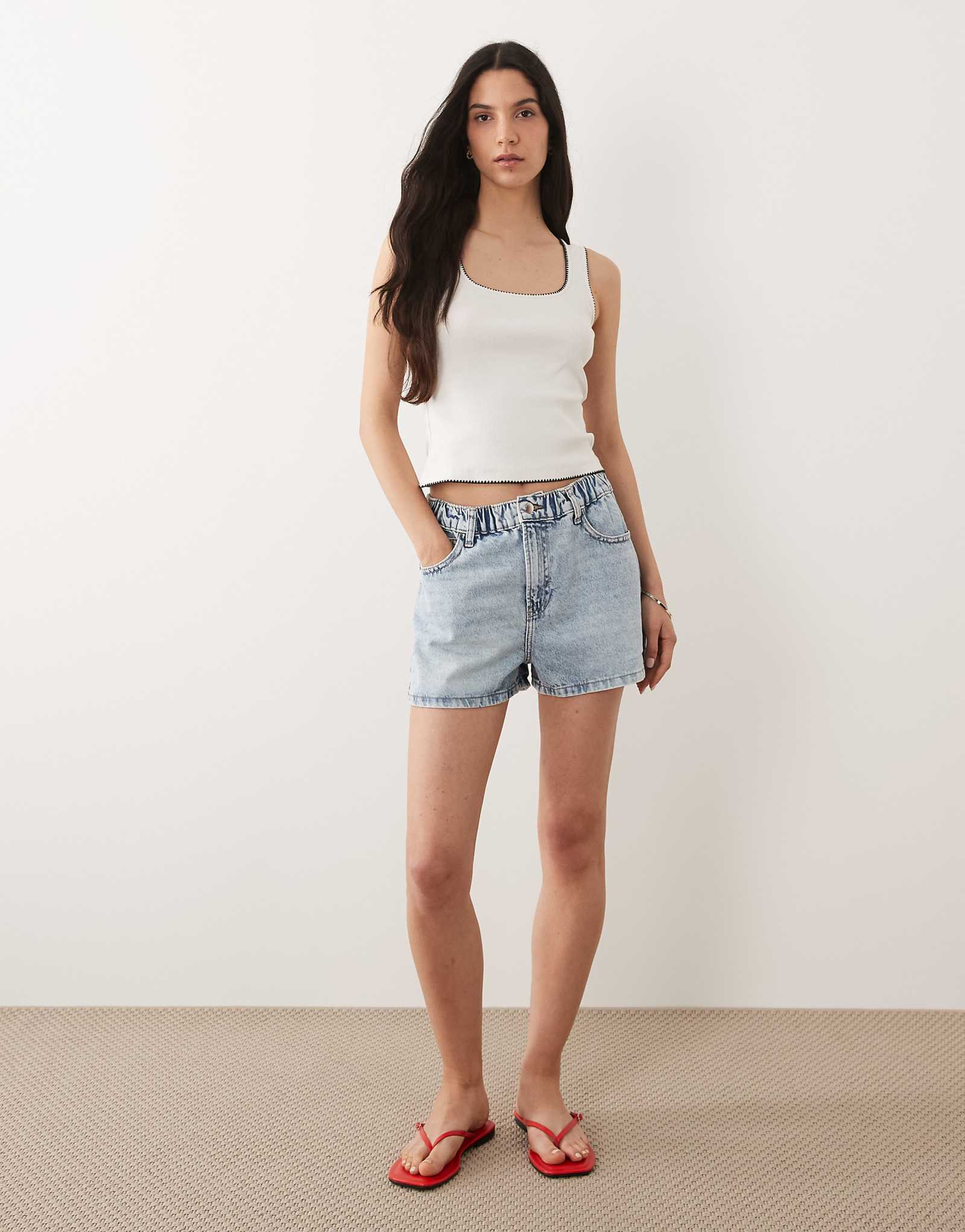River Island denim elasticized waist shorts in light denim light denim 10690₽