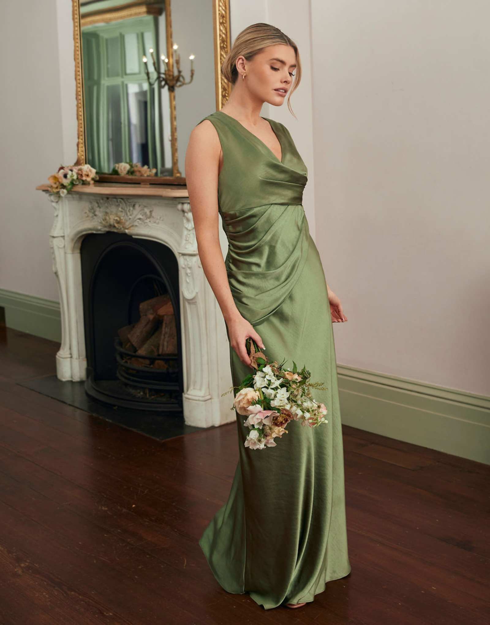 Six Stories Bridesmaid satin cowl V-neck maxi dress in moss green moss green 43790₽