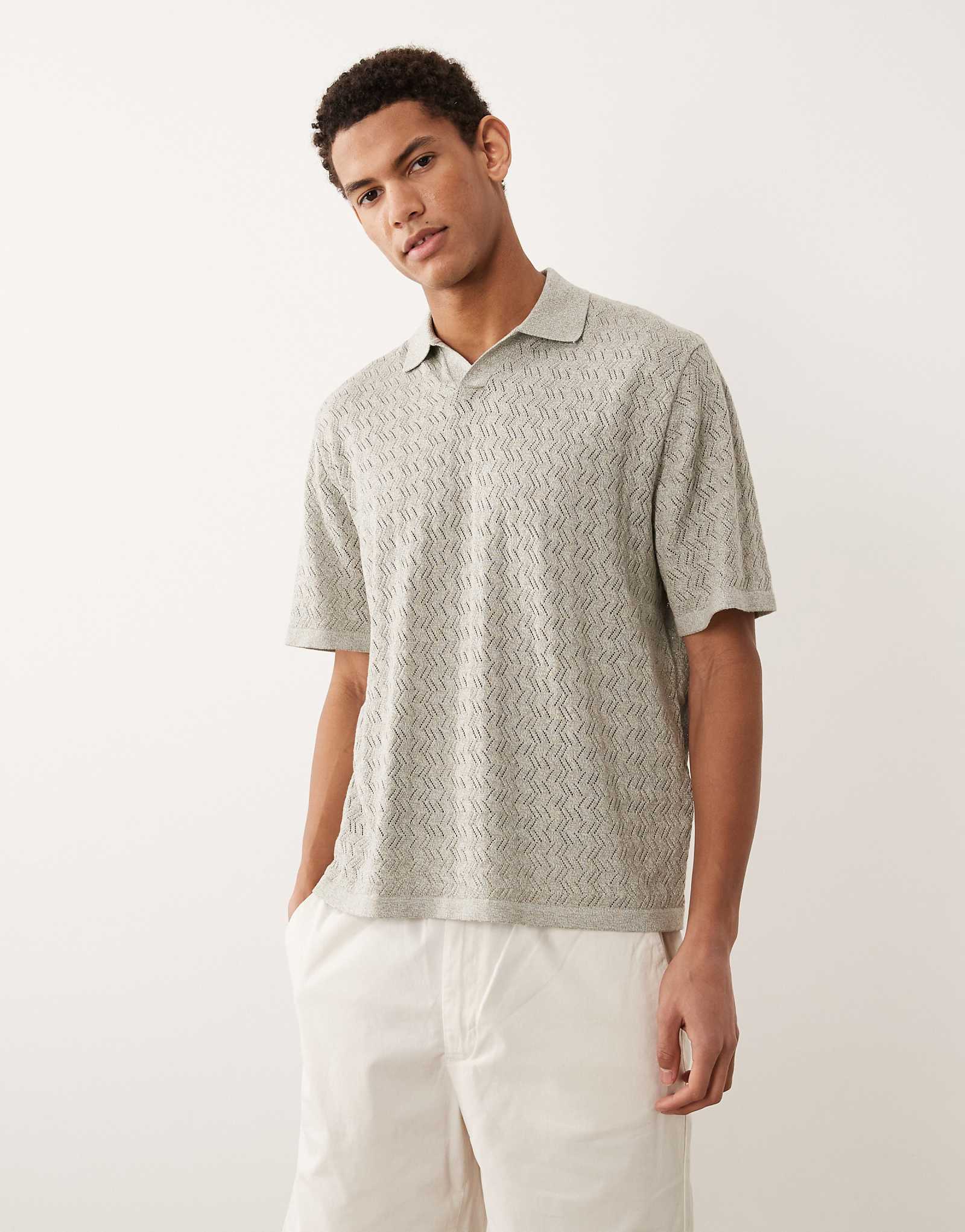 Jack -amp Jones split neck polo crochet knit in sage green seagrass 8690₽