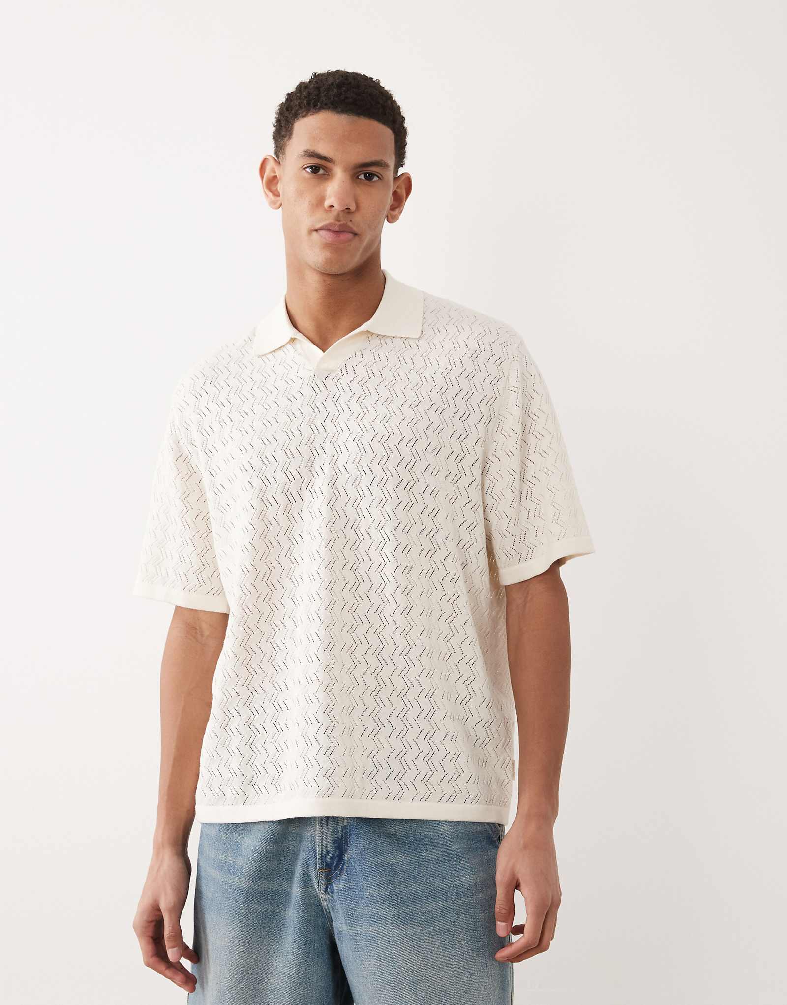 Jack -amp Jones split neck crochet knit polo in off white sea salt 8690₽