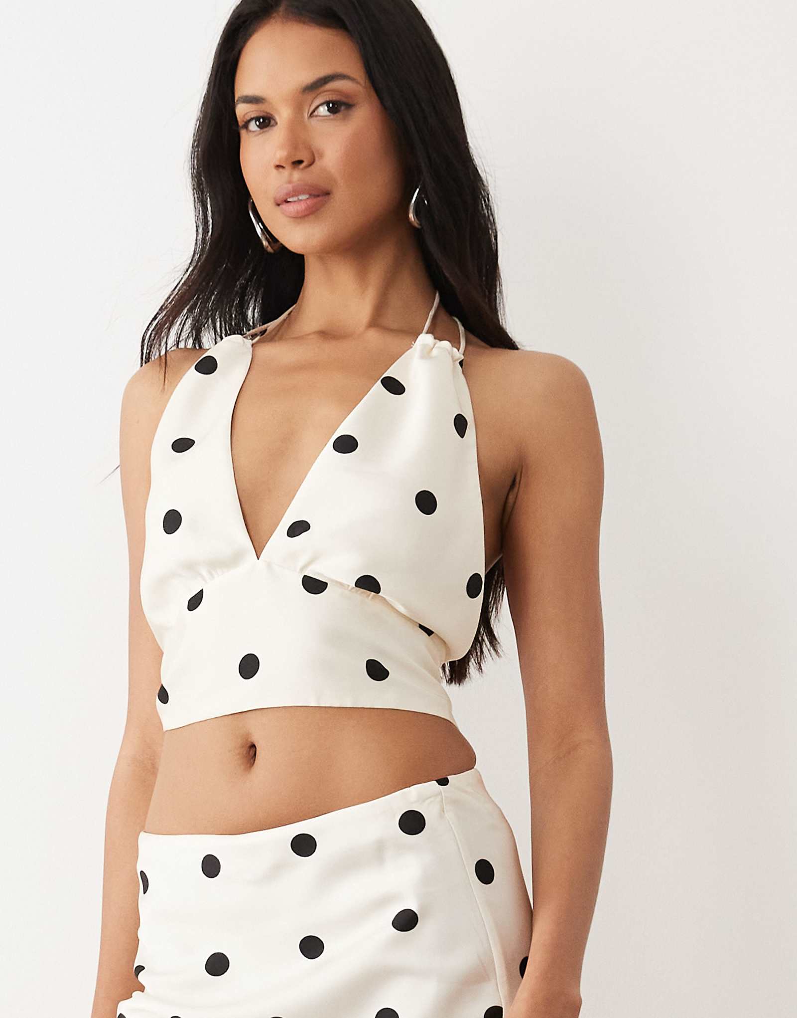 Bardot Pheobe satin plunge halter neck top in white with black polka dot print - part of a set black spot