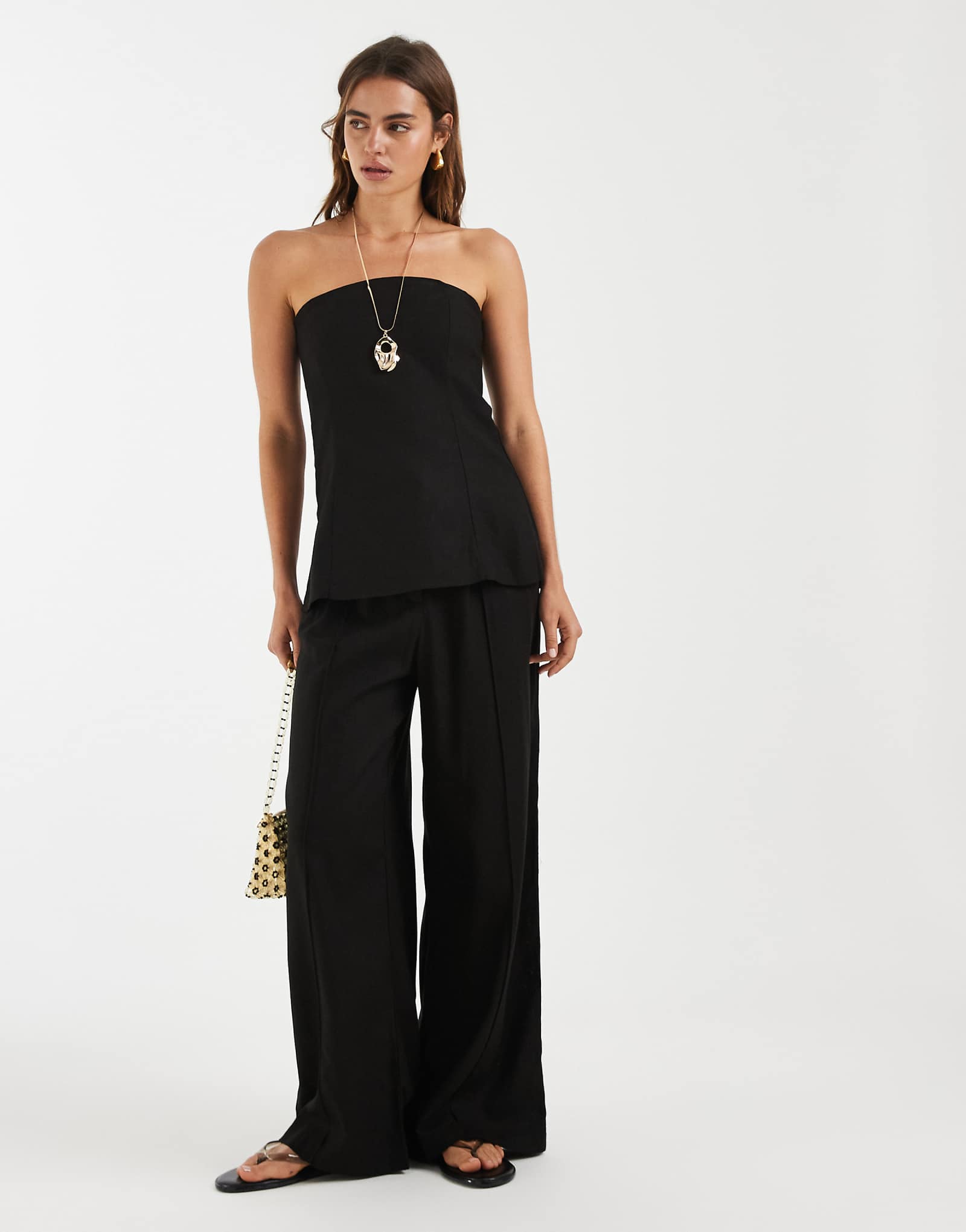 PIECES linen-mix wide leg pleat front pants in black - part of a set black 15690₽