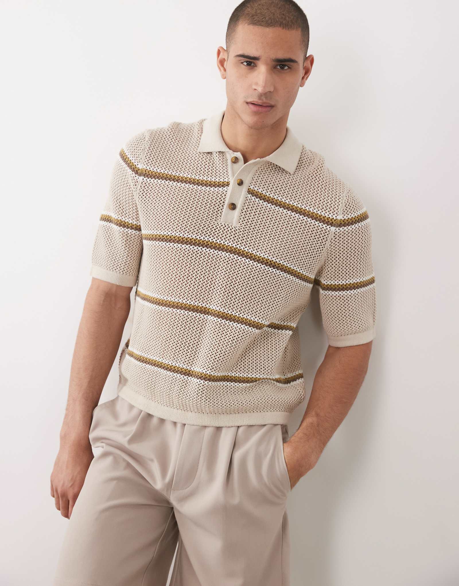 ONLY -amp SONS open knit relaxed fit shirt in cream with khaki and brown stripes silver lining 10390₽