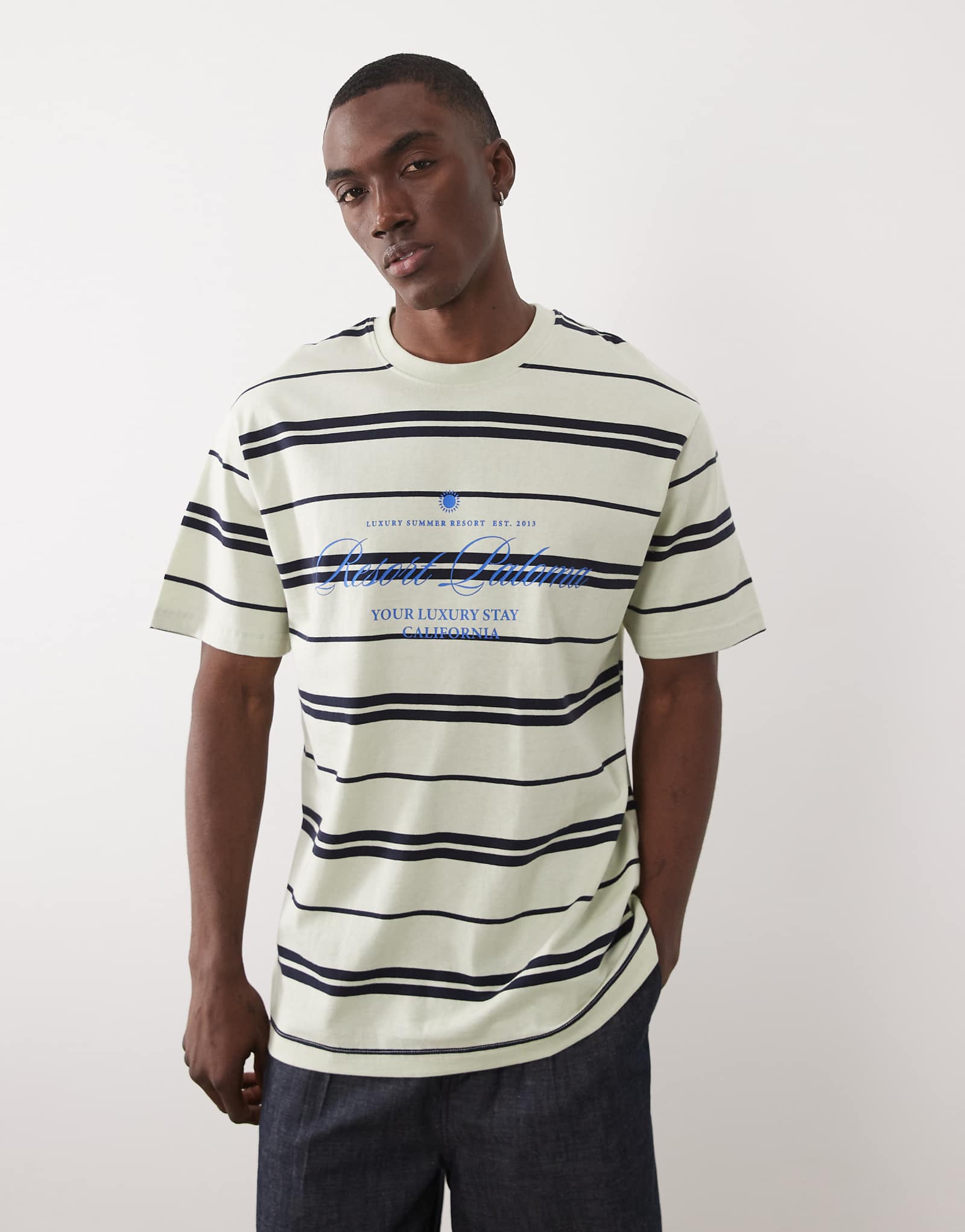 ONLY -amp SONS relaxed fit T-shirt in green and navy stripes greentnavbl 6390₽