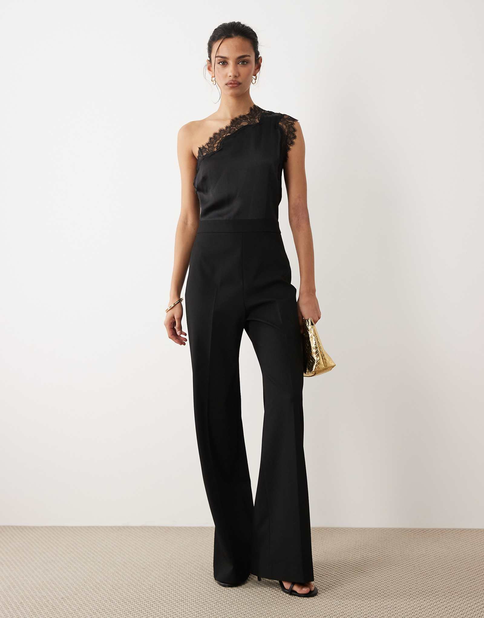Mango one shoulder jumpsuit with lace detail in black black 27090₽
