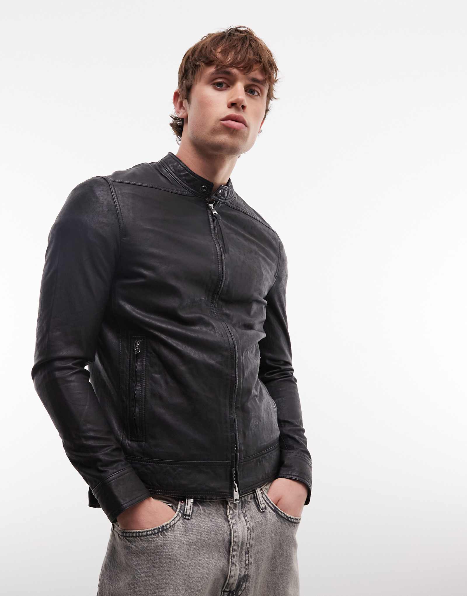 AllSaints Colt zip up leather jacket in black black 104790₽