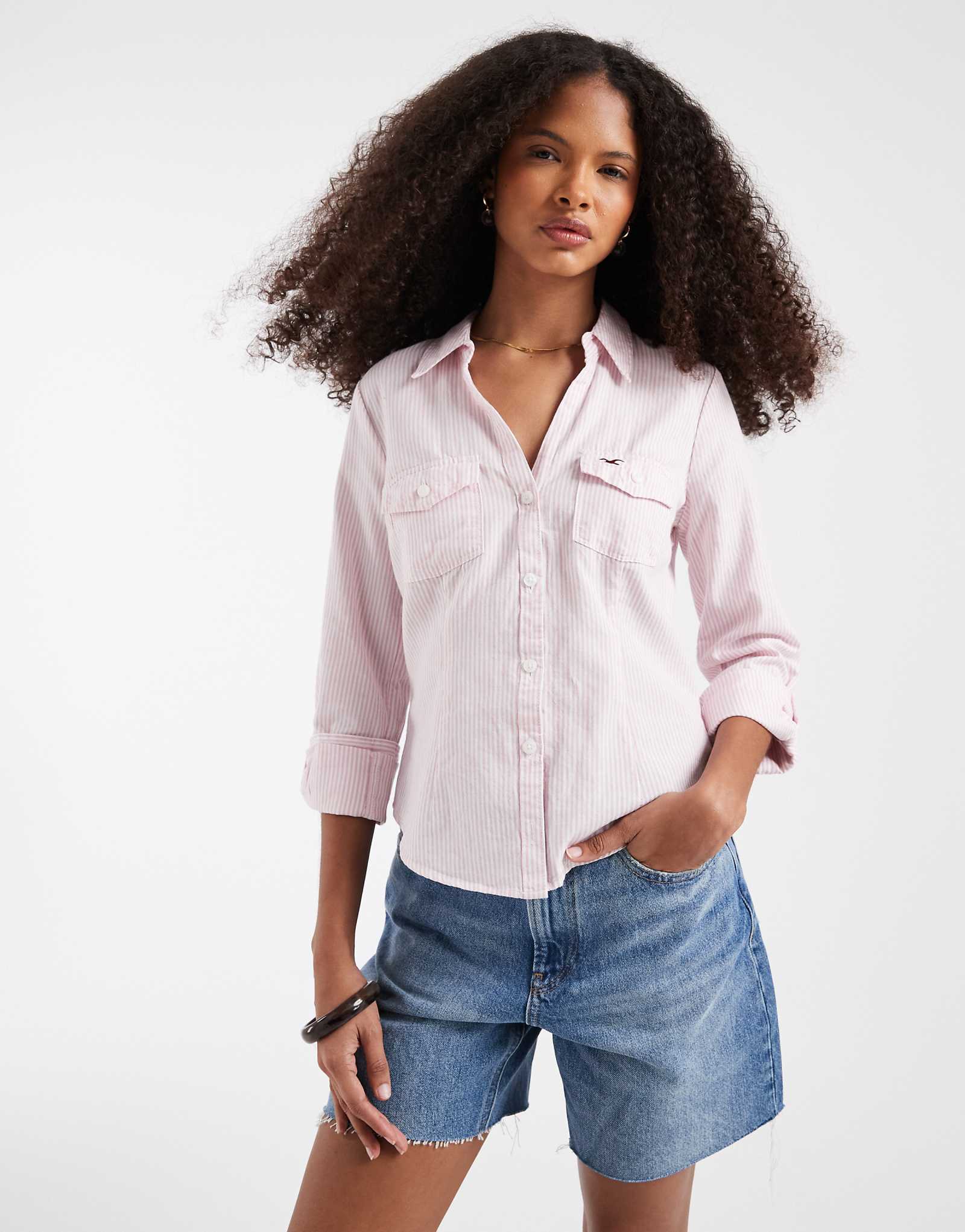 Hollister 34 sleeve cinched shirt in pink stripe light pink 7690₽