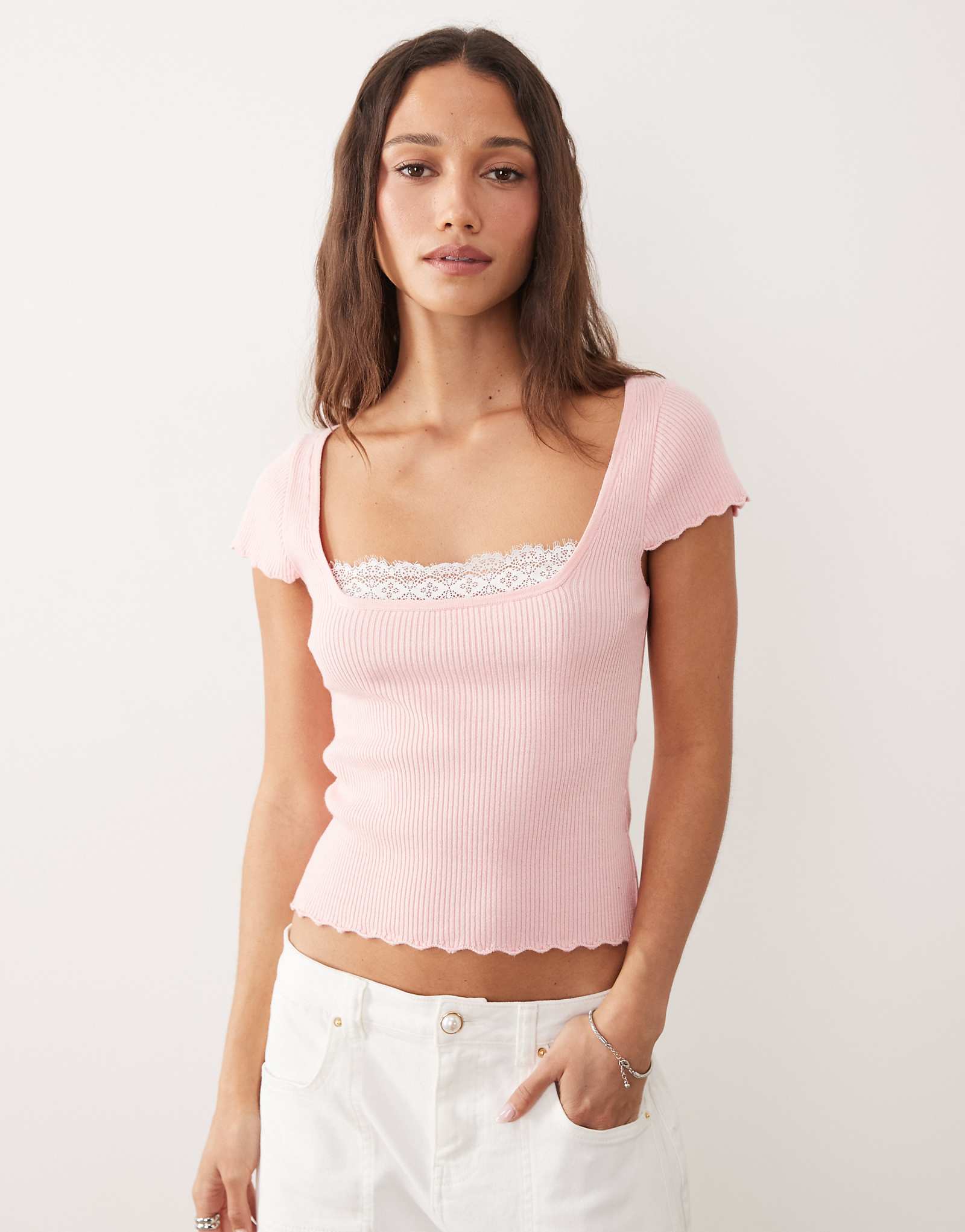 Miss Selfridge cap sleeve ribbed knit top with lace detail in pink pink 9690₽