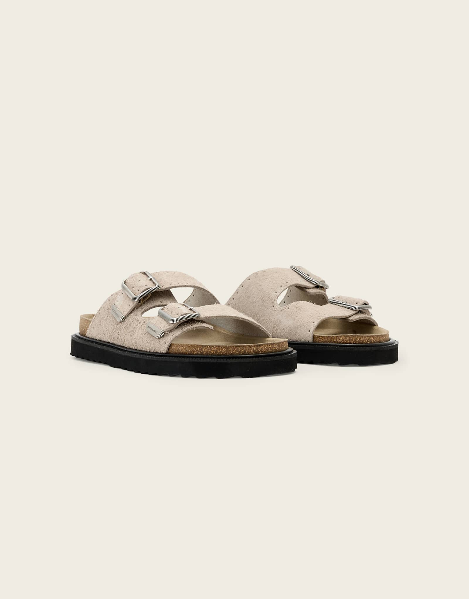 AllSaints Randal double strap buckle fuzzy suede sandals in gray cloud gray 53790₽