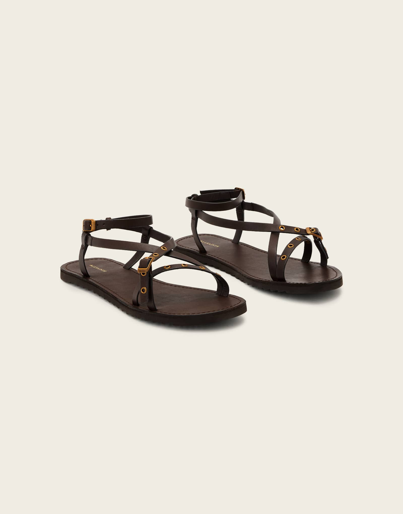AllSaints Tyla wrap around eyelet detail leather sandals in dark brown brown 38890₽