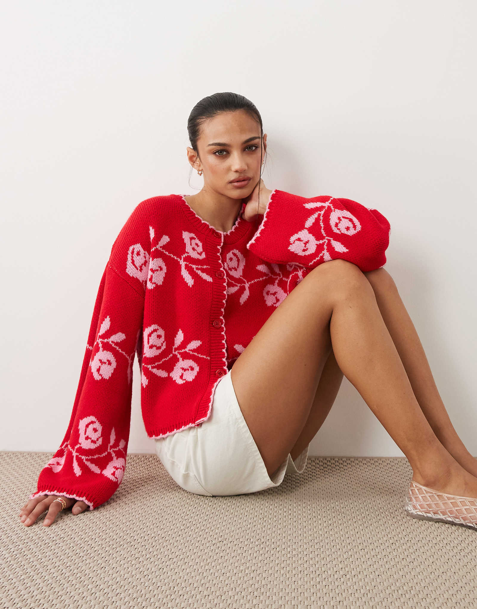 Miss Selfridge knit blanket stitch cardigan with florals in red red 11590₽