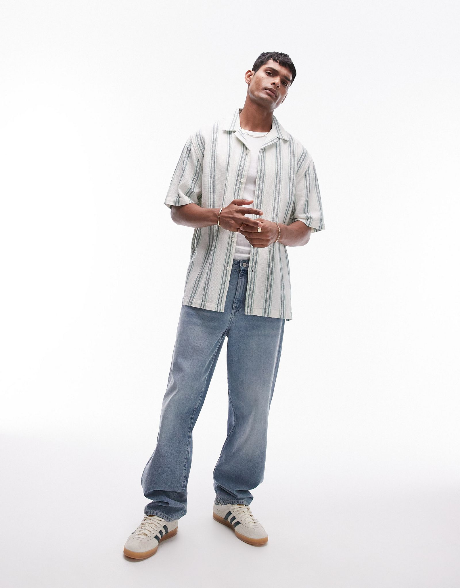 Белая рубашка в зеленую полоску с короткими рукавами Topman 2590₽