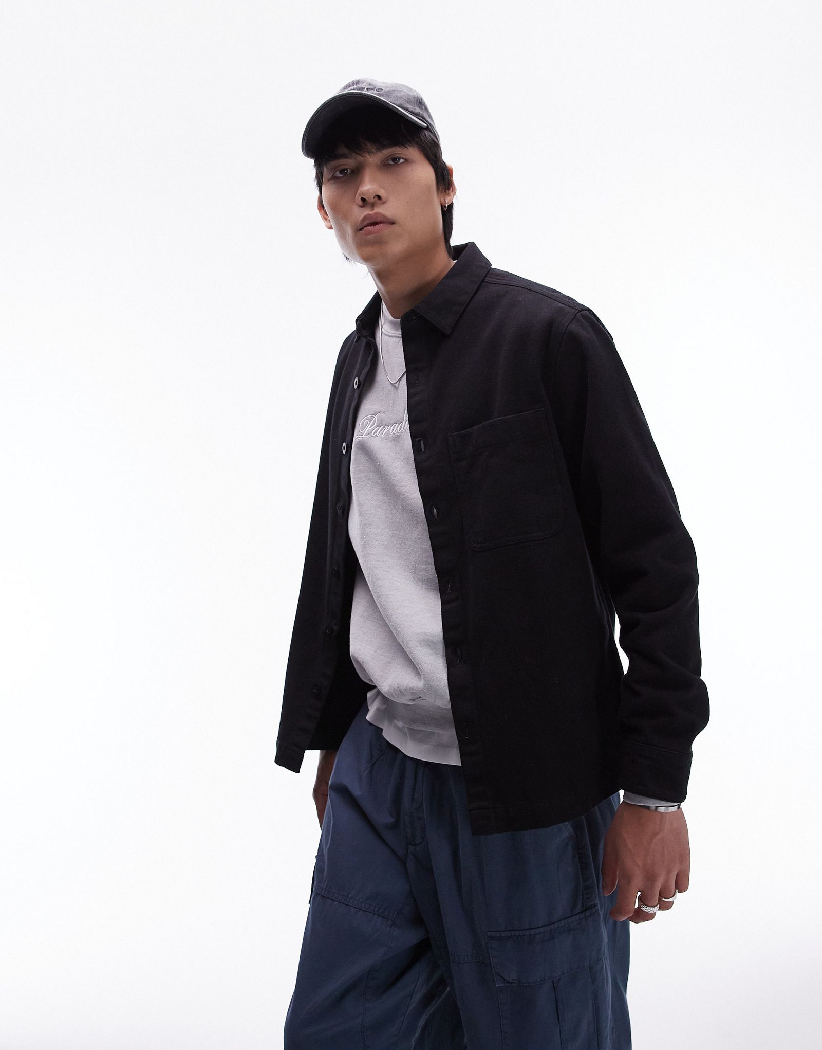 Черная твиловая рубашка на пуговицах с длинными рукавами Topman
