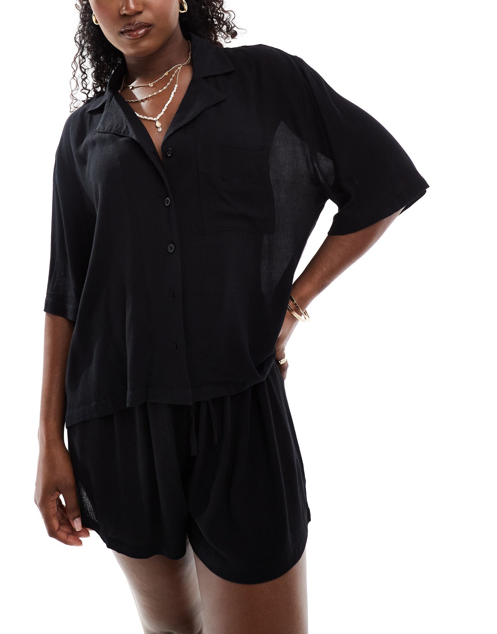 Черная жатая пляжная рубашка свободного кроя ASOS DESIGN mix - match 2990₽