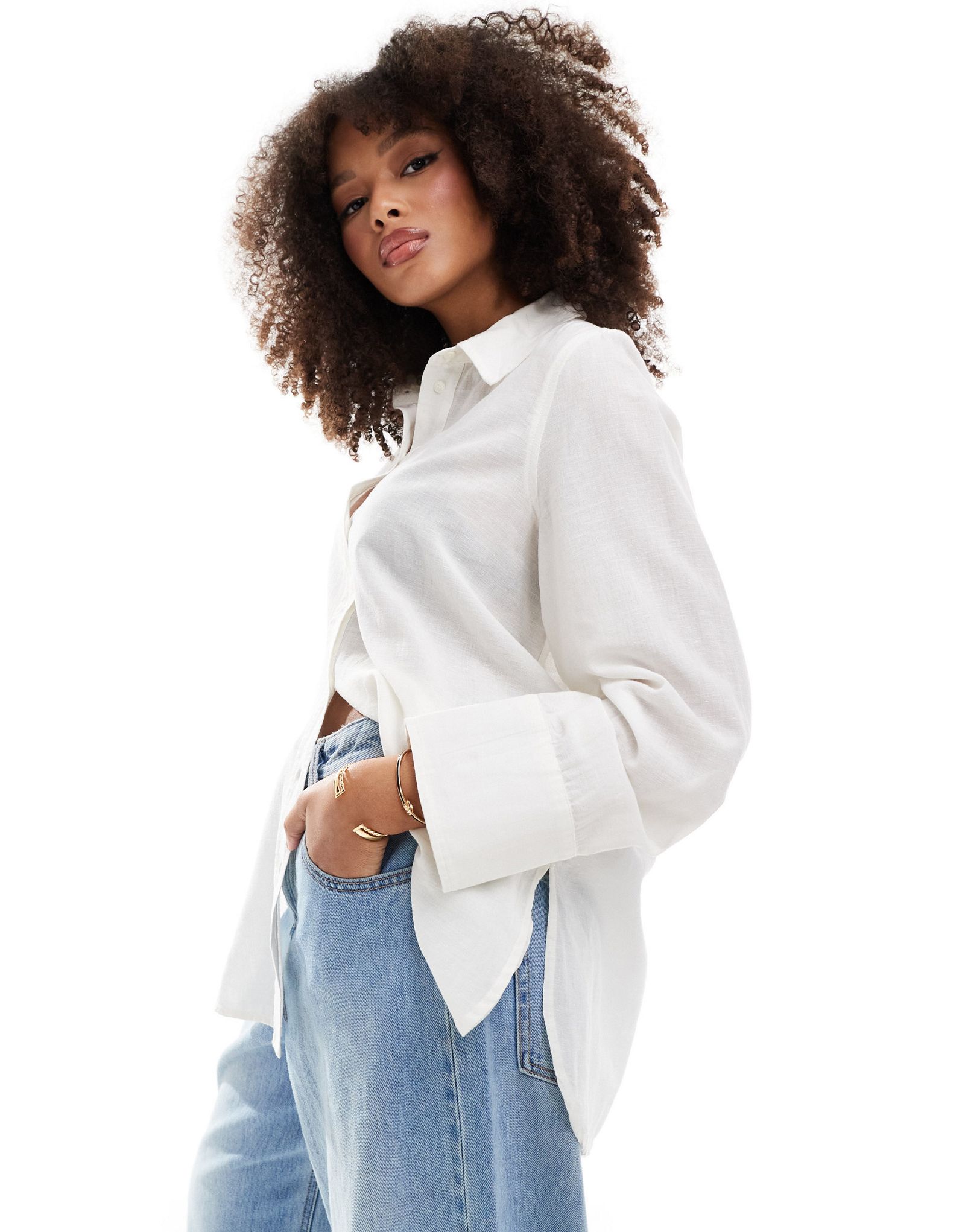 Кремовая рубашка из льняного микса с широкими рукавами Vila 7090₽